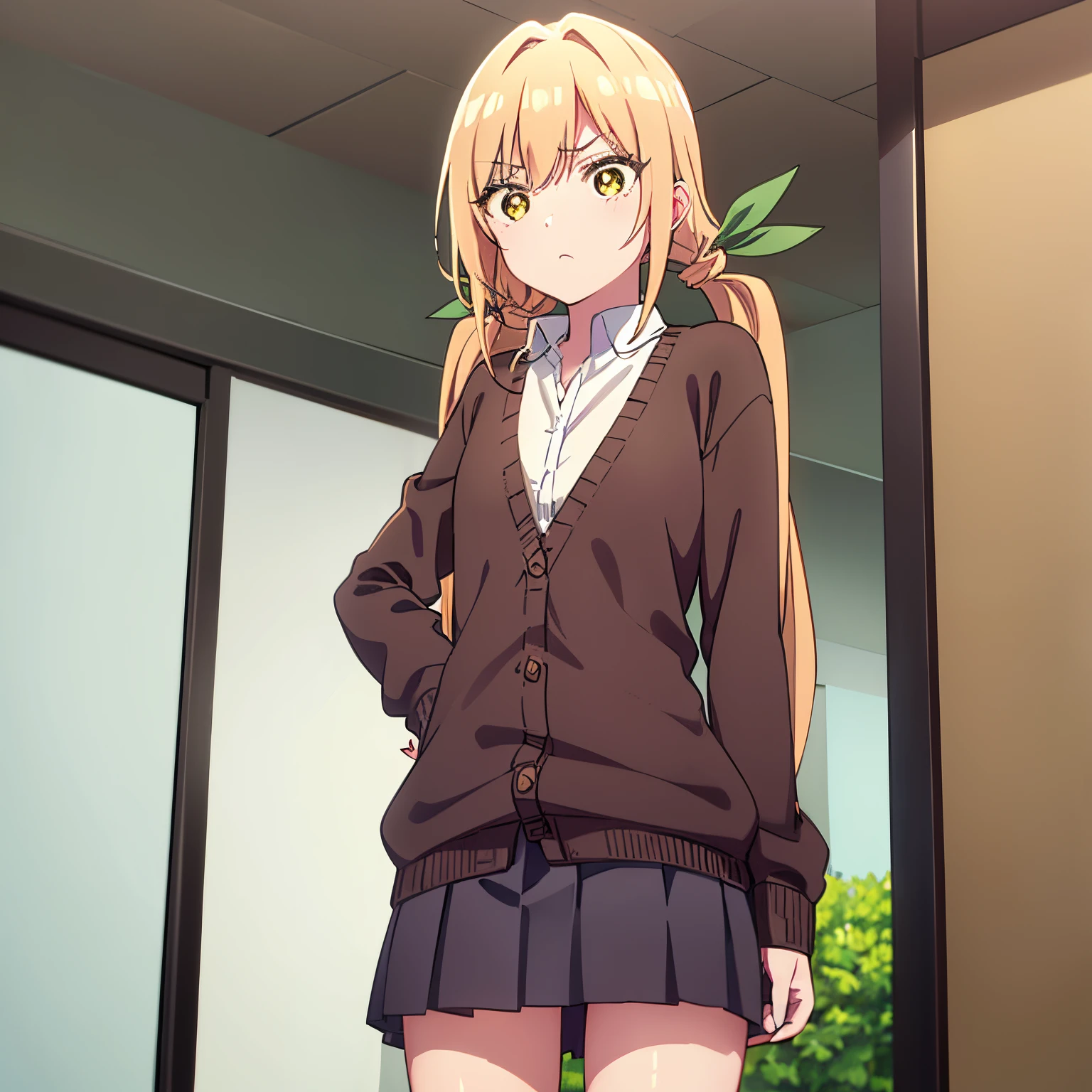 pov (from below), 1girl, alone, karane inda, blonde hair, (yellow eyes), hair ribbon, pigtails, low pigtails, long hair, (green ribbon), embarrassed, seductive, small breasts, medium waist, medium hips, wide thighs skirt, shirt, school uniform, white shirt, neckline, pleated skirt, cardigan, white shirt, collar, black skirt, brown cardigan, long sleeve, looking at the viewer, inside, in the classroom, good lighting, dusk, well-lit window, (cowboy shot), , (masterpiece), best quality, high resolution, unity 8k wallpaper, (illustration), (beautiful detailed eyes), extremely detailed face, perfect lighting, extremely detailed CG, (perfect hands, perfect anatomy), Tsundere