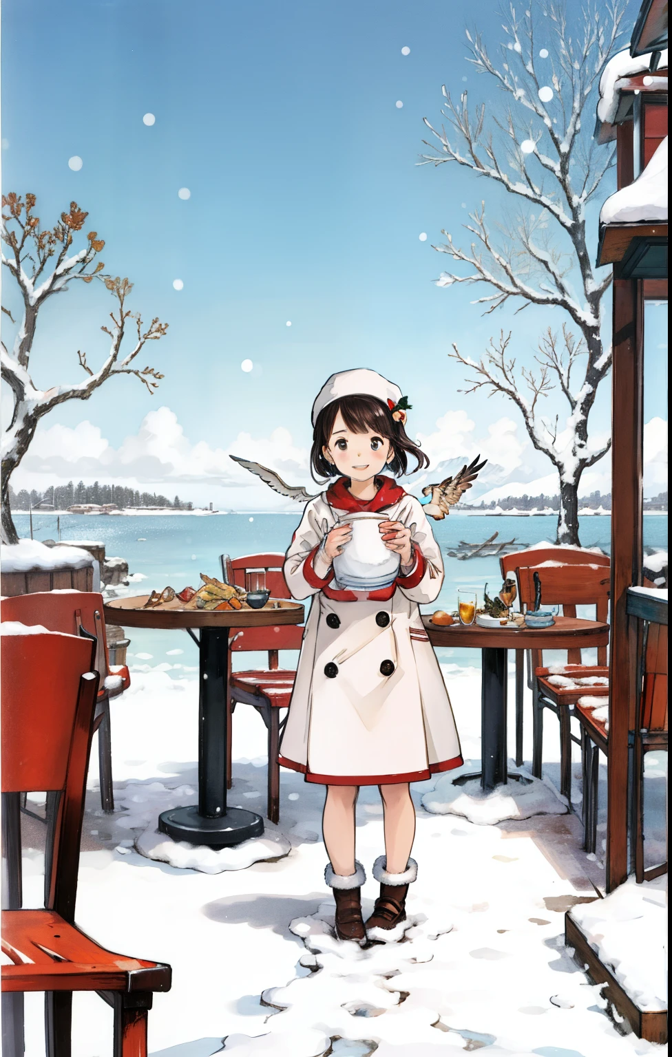 best quality, detailed background, girl,sea, cafeteria, bird, snow, winter,