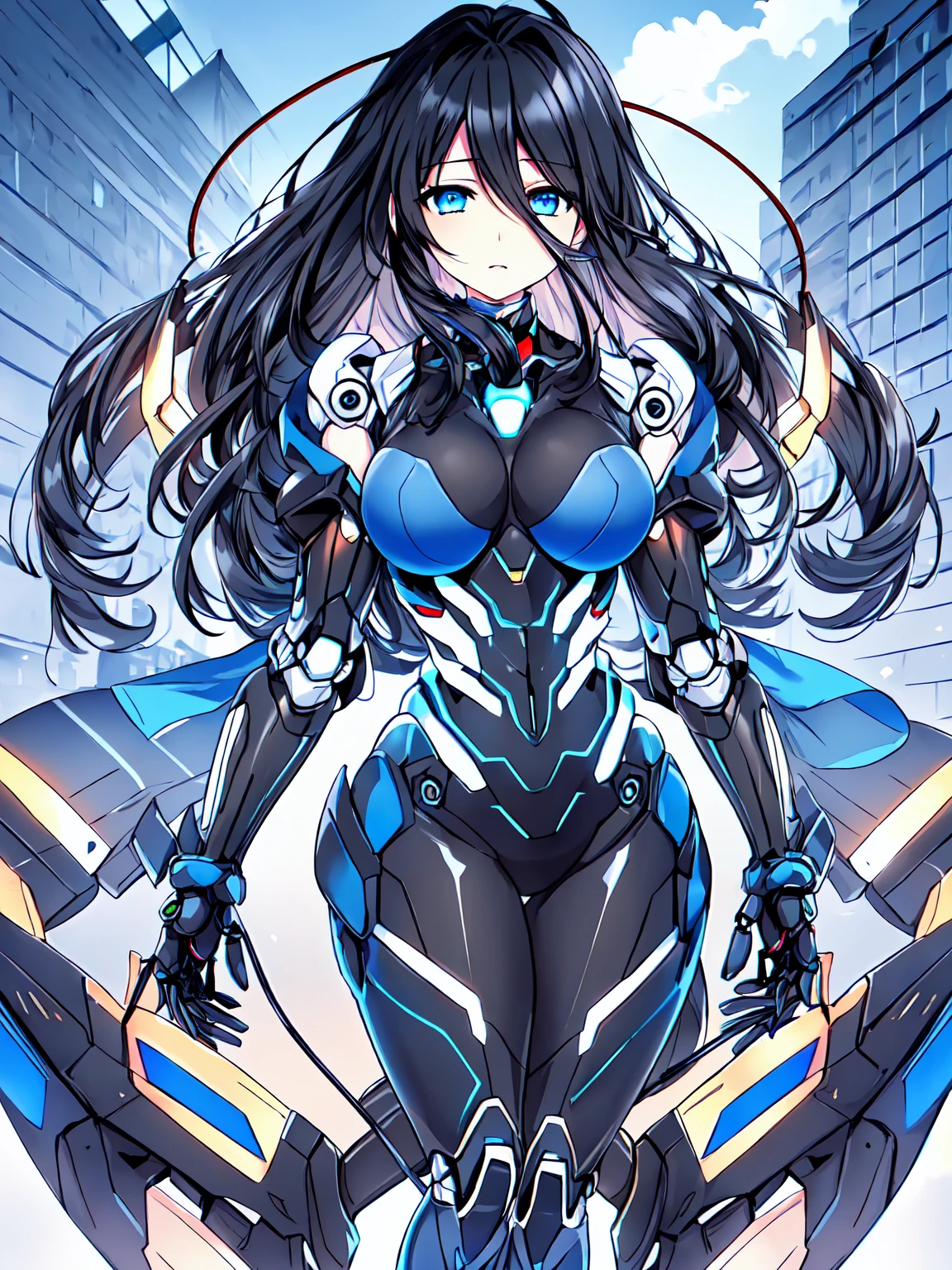 {upper body}, (masterpiece), best quality, expressive eyes, perfect face, 1girl, Aqua Blue eyes, Glowing eyes, (Black hair, Dark Navy Blue hair)1.2, (long messy hair)0.5, headphones, hair down, fluffy hair, Hair between eyes, Fair skin, Soft curves, supple medium-large breasts, Wide hips, thicc thighs, Slender waist, Shapely butt, gynoid, (robotic joints: 1.2)+, (mechanical limb)++, (mechanical vertebrae attached to the back)+, (mechanical cervical vertebrae attached to the neck)++, (Wire and cable attached to neck: 1.2)+, (Lower body integrated with mechanical device)+, cool pose, mid-air, blue sky, clouds,