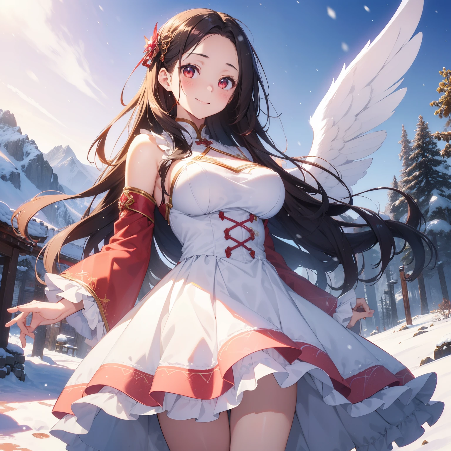 (masutepiece,Best Quality,8K),(extremely detailed CG1.1),teens girl,Smile,large boob,(From below:1.2),Intricate details , Hyper realistic, Perfect Anatomy,A dark-haired,Red Eyes,(((Forehead))),Permed hair with wavy hair,(((length hair))),Hair over one eye,hair slicked back,Full body,(((angel costume))),blush,Happy smile,(((in snow mountain))),Lens Flare,Wind,Magnificent view,(chromatic abberation:1.3),Dynamic Angle,Cowboy Shot,Looking at Viewer,It's snowing,is standing
