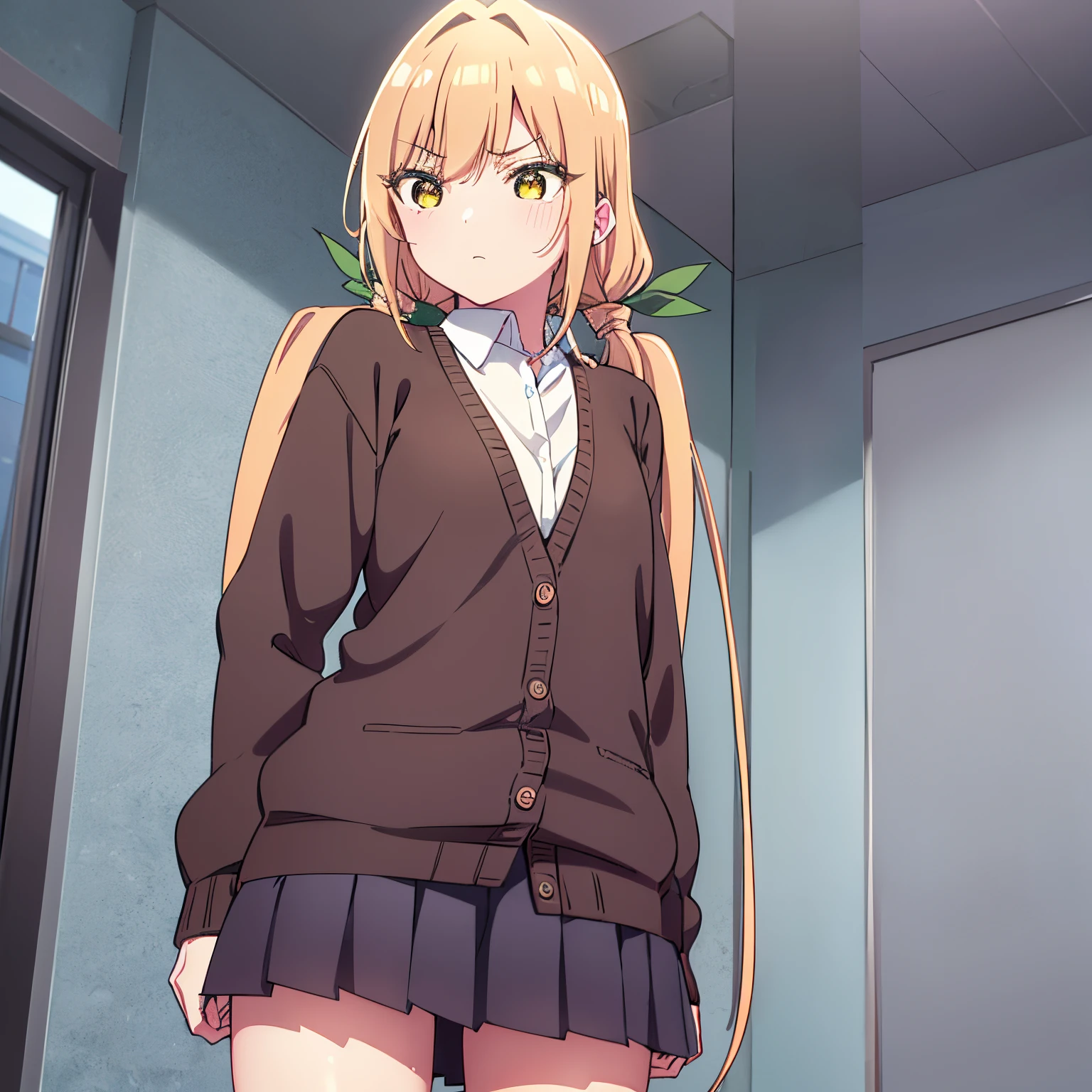 pov (from below), 1girl, alone, karane inda, blonde hair, (yellow eyes), hair ribbon, pigtails, low pigtails, long hair, (green ribbon), embarrassed, seductive, small breasts, medium waist, medium hips, wide thighs skirt, shirt, school uniform, white shirt, neckline, pleated skirt, cardigan, white shirt, collar, black skirt, brown cardigan, long sleeve, looking at the viewer, inside, in the classroom, good lighting, dusk, well-lit window, (cowboy shot), , (masterpiece), best quality, high resolution, unity 8k wallpaper, (illustration), (beautiful detailed eyes), extremely detailed face, perfect lighting, extremely detailed CG, (perfect hands, perfect anatomy), Tsundere