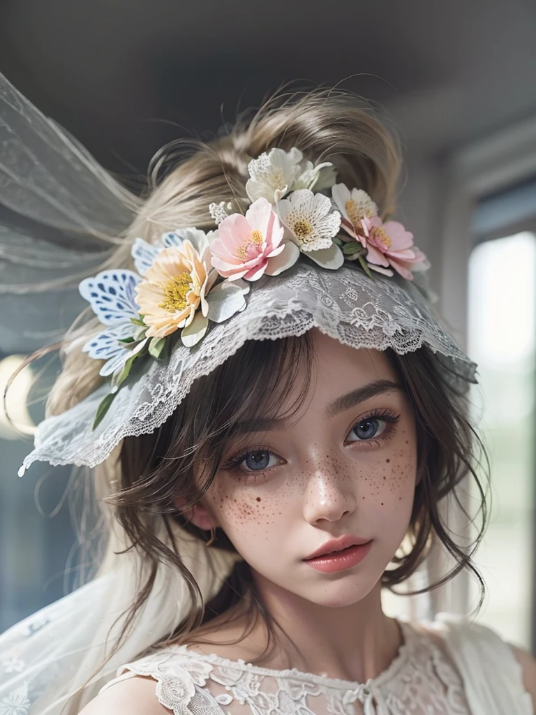(beautiful,gorgeous:1.1,lovely)girl, (colorful,vibrant)garden, (oil painting,mixed media)medium, (detailed,realistic:1.37)details of her eyes,nose,lips, (freckles,rosy cheeks), flowing (curly,long)hair, (fashionable,elegant)dress, (delicate,intricate)lace patterns, (butterflies,flowers) dancing around her, (soft,sunlight:1.1) illuminating her face, (subtle,harmonious)color palette, (radiant,warm)lighting, (dreamy,whimsical)atmosphere.