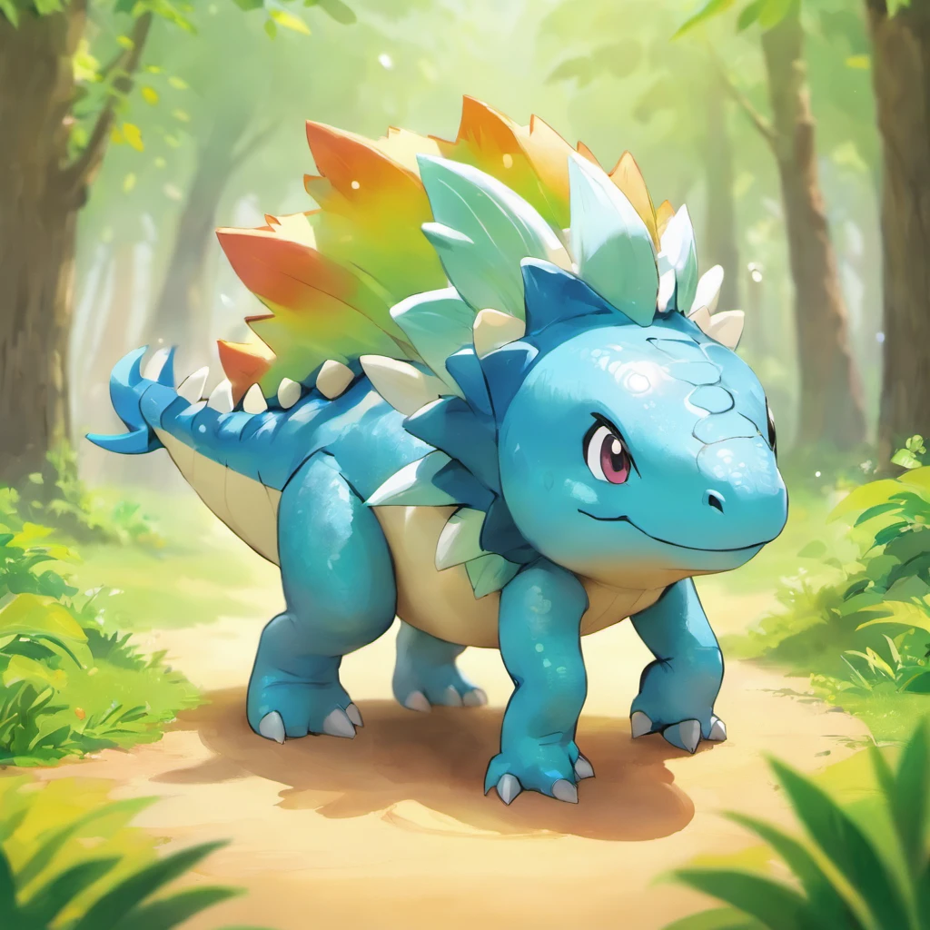 Cartoon Stegosaurus,Watercolor texture style,Bubble Mart Blind Box,claymaterial,Bright background,Art 3D,depth of fields,pixar trend,hyper realisitc,Stripe tracking,Complicated details,Animated lights,The background is forest