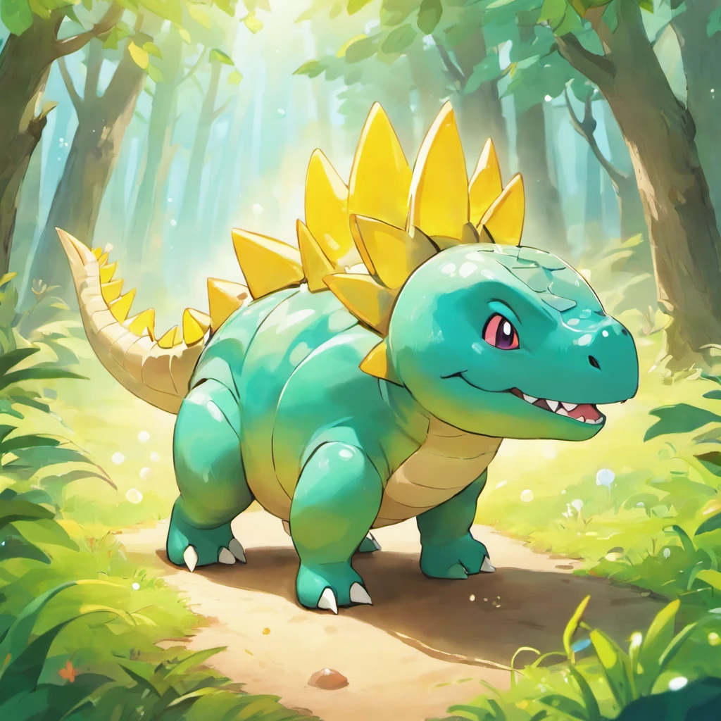 Cartoon Stegosaurus，Watercolor texture style，Bubble Mart Blind Box，claymaterial，Bright background，Art 3D，depth of fields，pixar trend，hyper realisitc，Stripe tracking，Complicated details，Animated lights，The background is forest