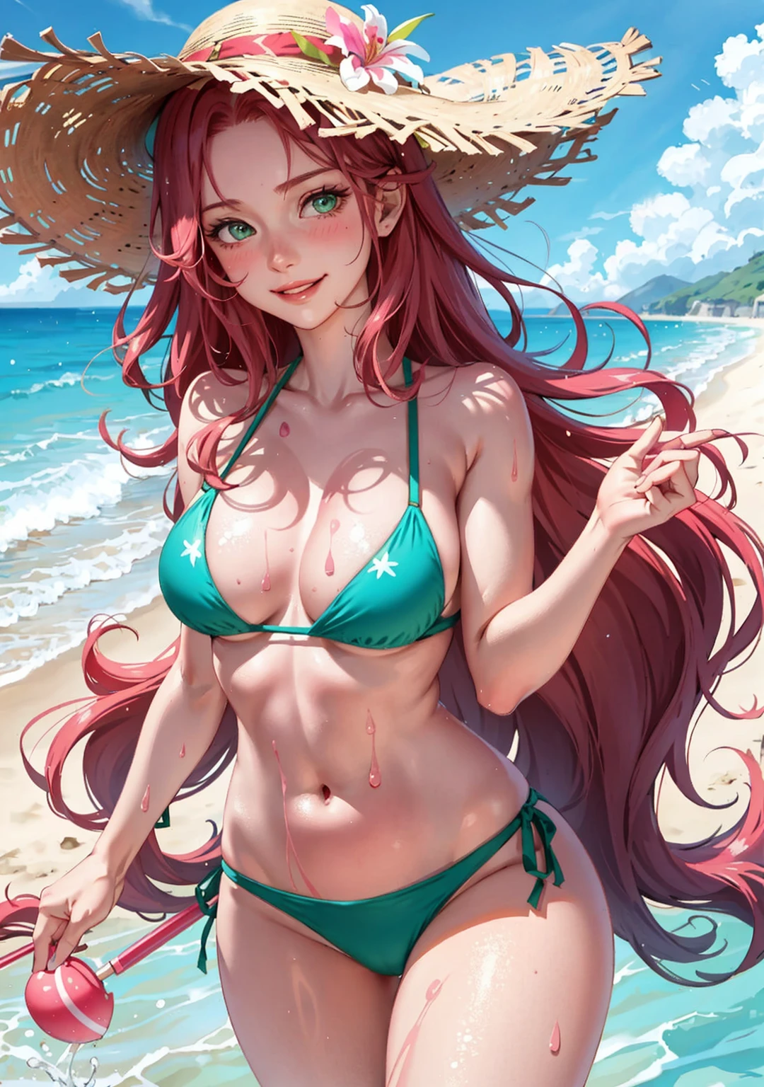 1girl, reddish-pink hair, medium wavy hair, green eyes, average breasts, green bikini, wet,, floppy sun hat, colored sunglasses, blush, glow, thighs, bare shoulders, collarbone, narrow waist, cleavage, (masterpiece), seaside beach, sea breeze, smiling at the viewer, holding a coconut drink