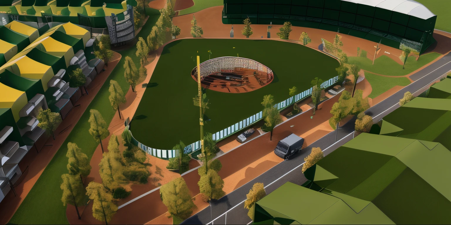 rendering of a baseball stadium with a green field and trees, artist's impression, concept piece, conceptual rendering, a digital rendering, artist impression, artists impression, artistic render, conceptual, rendering, detailed picture, sharp hq rendering, digital rendering, pre-rendered, 3/4 view, 3 / 4 view, close establishing shot, rendered, highly rendered!!, detailed rendering
