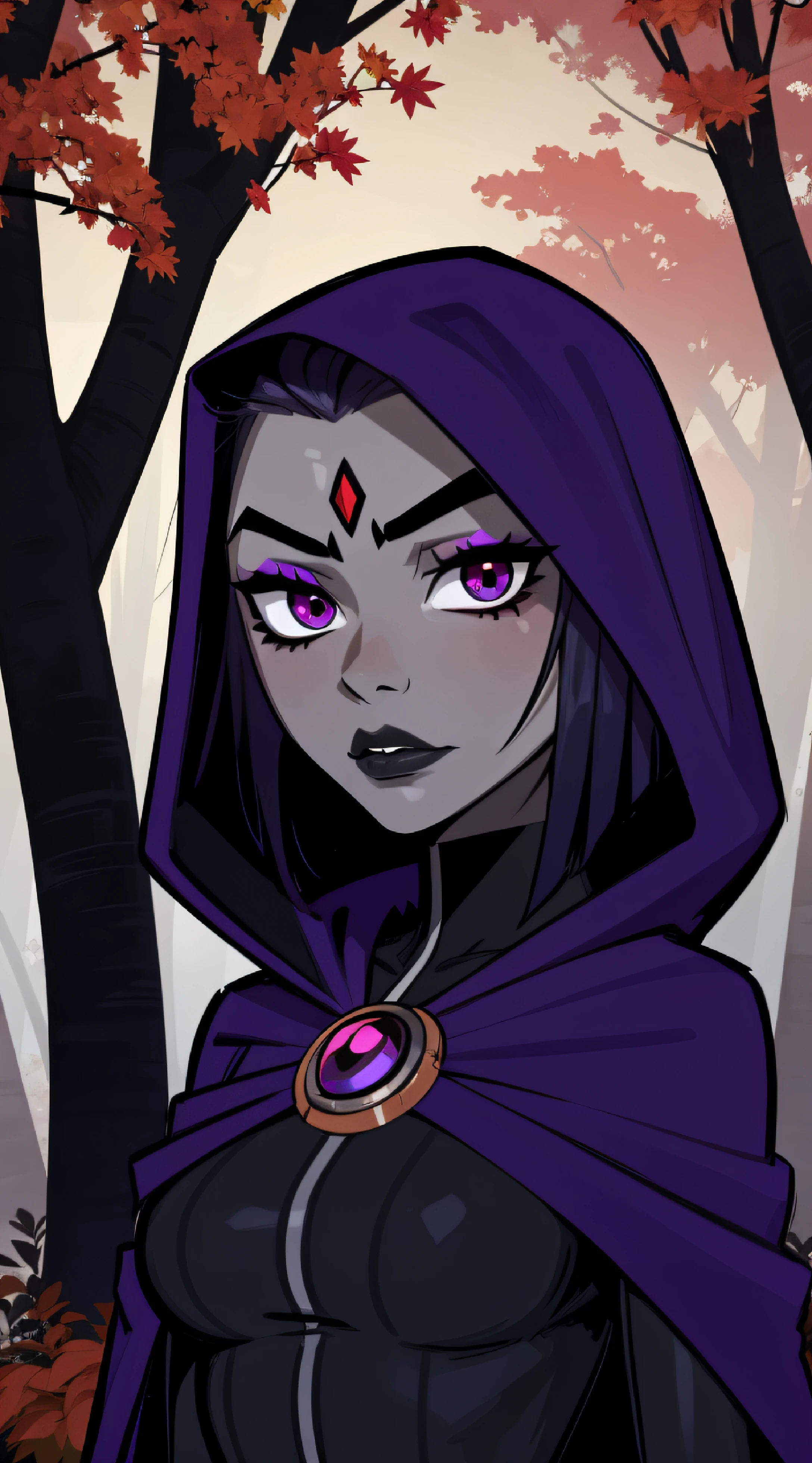 Raven, teen titans, hooded, goth girl, autumn forest background, detailed, detailed, detailed, beautiful, detail, goth girl, masterpiece, purple clothes, red jewel centre head, dark night background, gothic, goth, goth, detailed, goth girl, piercings, detailed face, looking viewer, raven, (Dark eye shadow) dark eye shadow, black eye shadow,