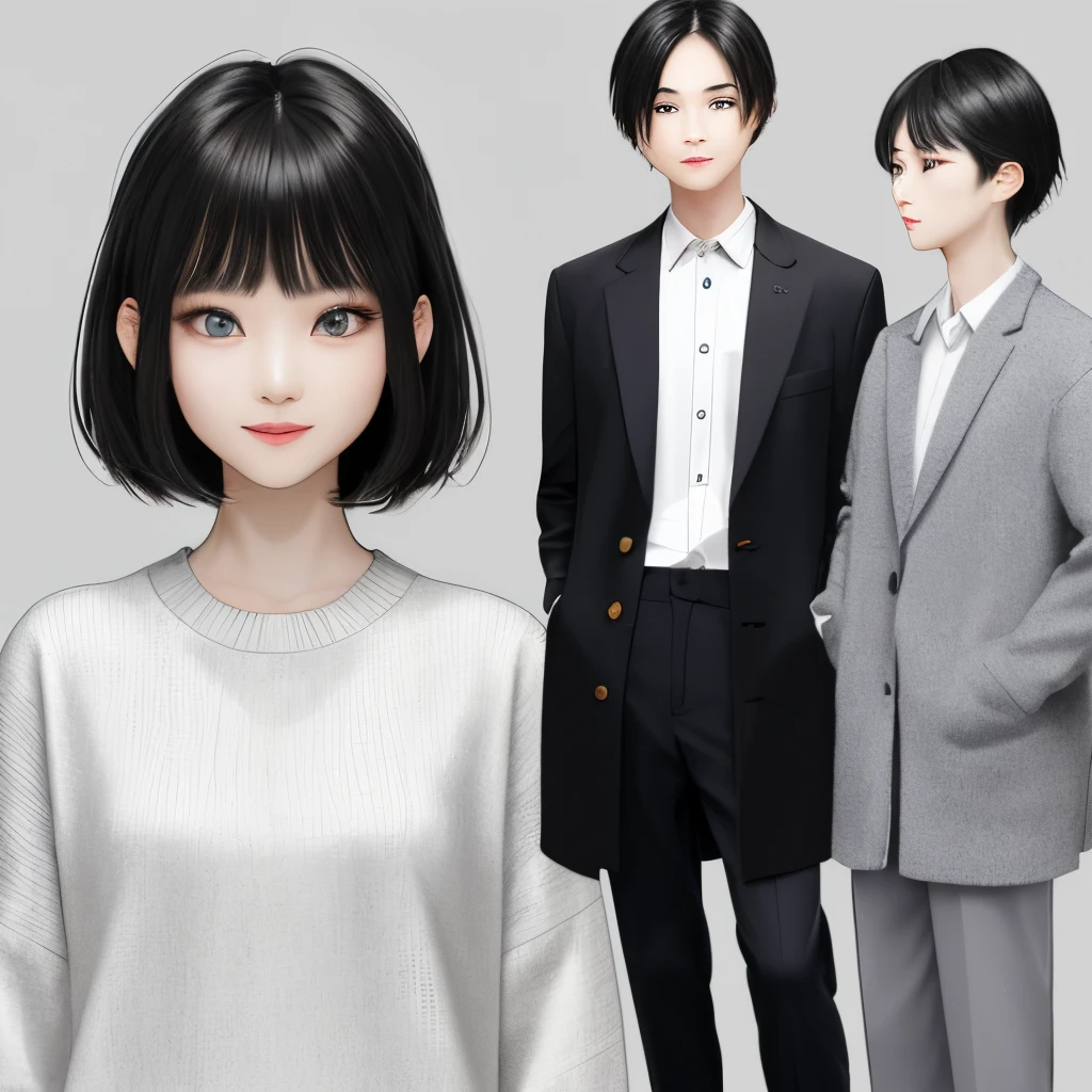 The facial features are three-dimensional but kind,A face with oriental features。A pair of talking eyes,It reveals a warm and intelligent light。Dress simply and generously,Do not pursue flashiness。Has short hair,Microvolumes,The color is black and dense。Wear a simple shirt and long trousers,Slip over a sweater or cardigan-style coat。