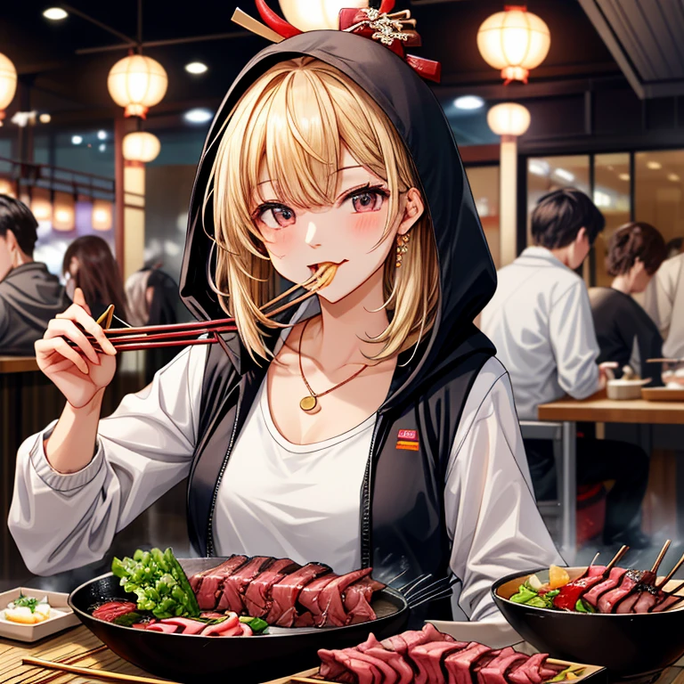 //Character 1girl, Gourmet girl, chest up shot, perfect body, slim curve, ultra detailed face, super beautiful, innocent, cute girl, thin eyeblow, round face, smiling full of compassion, full opened mouth, glossy lips, beautiful blonde hair, twisted bang, BREAK //Fashion usual attire, hooded parka, tank top, tiny shiny necklace, adult bib made of paper, BREAK at a YAKINIKU restaurant , night time, BREAK (eating YAKINIKU dinner with chopsticks:1.6), licking her long tongue very deliciously