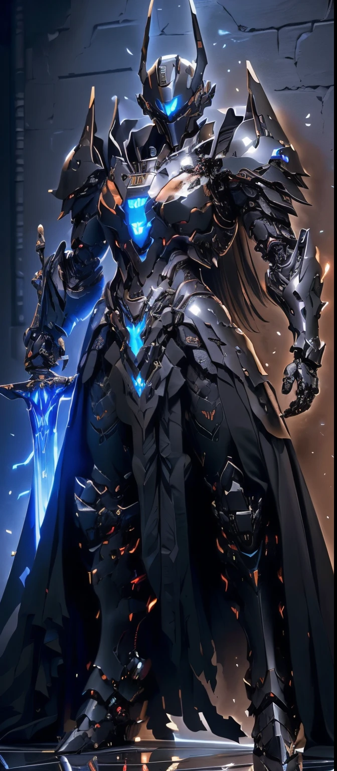 Alafed Knight in armor standing with a sword in a dark room, black fire color reflected armor, cyberpunk flame suit, berserk skullknight black armor, Heavy Metal Armor, cybernetic flame armor, Black Heavy Armor, Damaged armor, cybernetic fire armor, Full body X-Force costume, Heavy black obsidian armor, Spiked scrap metal armor