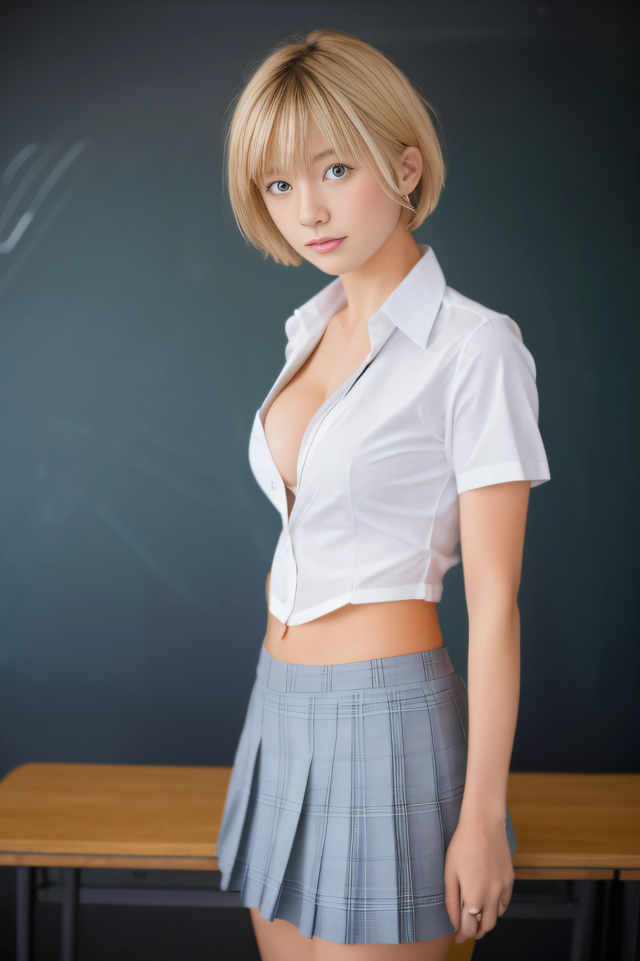 1人の女性,hi-school girl, cleavage,a blond,short-haired,School Uniforms,Classroom,In front of the blackboard,sexypose、professional photograpy