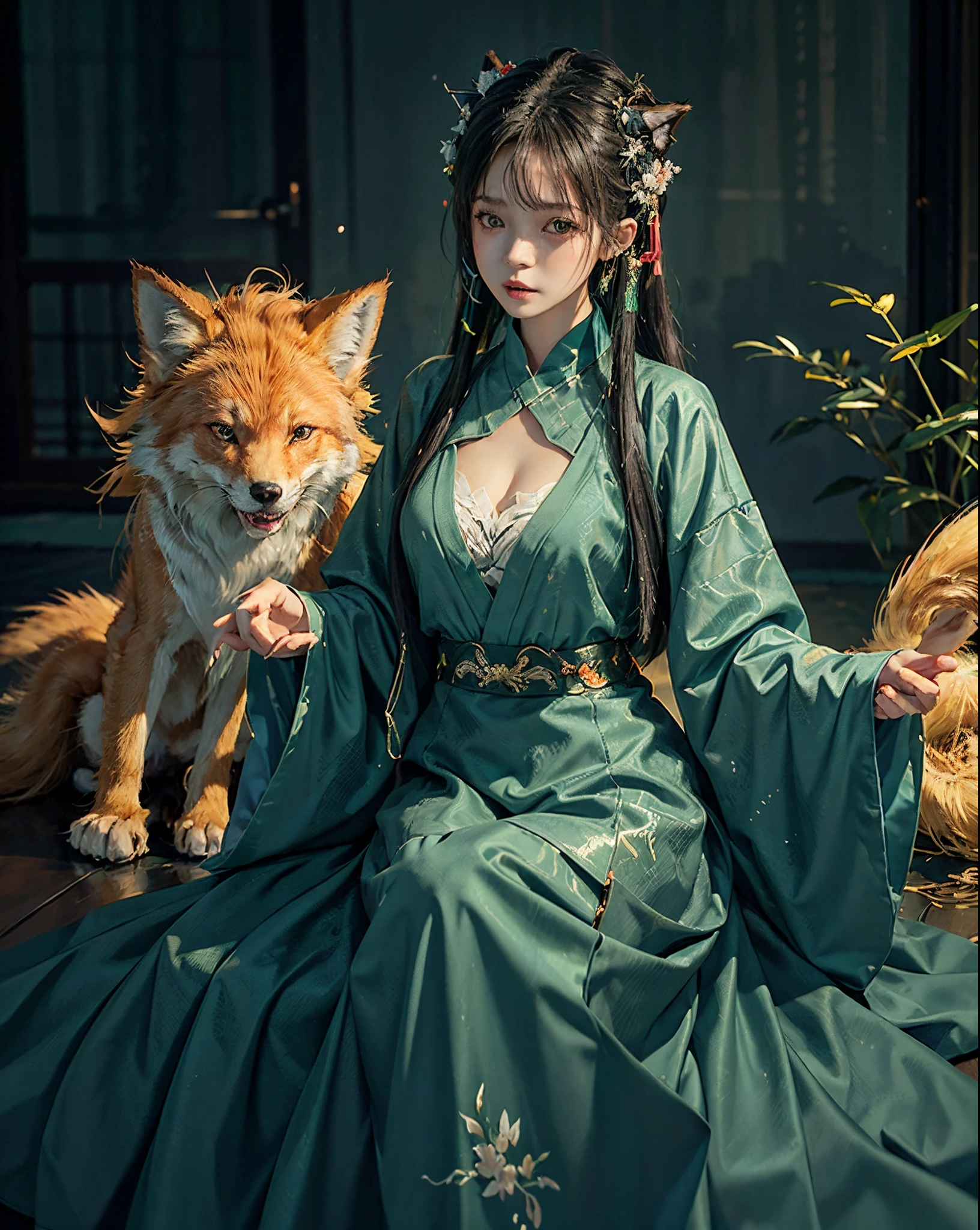 Lazy, 1girl, solo, green-haired fox lay on a brench:1.1, swiping phone, Large breasts, Raised sexy, seductive, ethereal fox, nine tail fox, Fox three-tailed fox, Onmyoji detailed art, Nine tails, A beautiful artwork illustration,mythological creatures, green hanfu, Inspired by the mythical creature wildnet,Digital art on Pixiv, strong lights, high contrast, Horror movie theme, Dark atmosphere, The art of fine arts, Perfect visual composition.