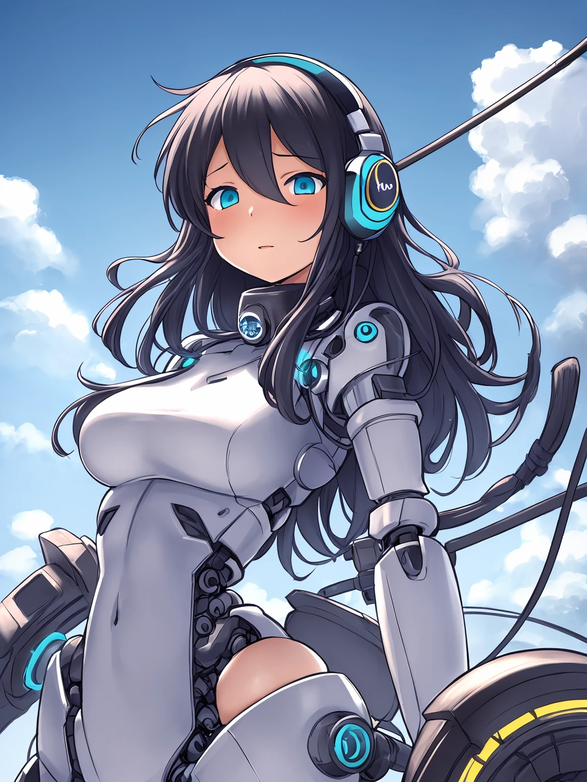 {upper body}, (masterpiece), best quality, expressive eyes, perfect face, 1girl, Aqua Blue eyes, Glowing eyes, (Black hair, Dark Navy Blue hair)1.2, (long messy hair)0.5, headphones, hair down, fluffy hair, Hair between eyes, Fair skin, Soft curves, supple medium-large breasts, Wide hips, thicc thighs, Slender waist, Shapely butt, gynoid, (robotic joints: 1.2)+, (mechanical limb)++, (mechanical vertebrae attached to the back)+, (mechanical cervical vertebrae attached to the neck)++, (Wire and cable attached to neck: 1.2)+, (Lower body integrated with mechanical device)+, cool pose, mid-air, blue sky, clouds,