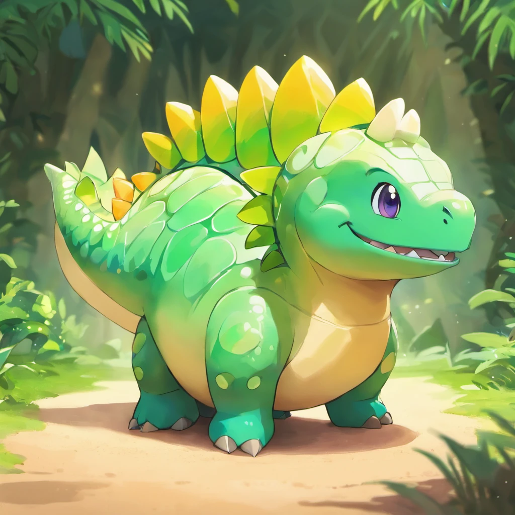 Cartoon Stegosaurus，Watercolor texture style，Bubble Mart Blind Box，claymaterial，Bright background，Art 3D，depth of fields，pixar trend，hyper realisitc，Stripe tracking，Complicated details，Animated lights，The background is forest，There is a strange light all around