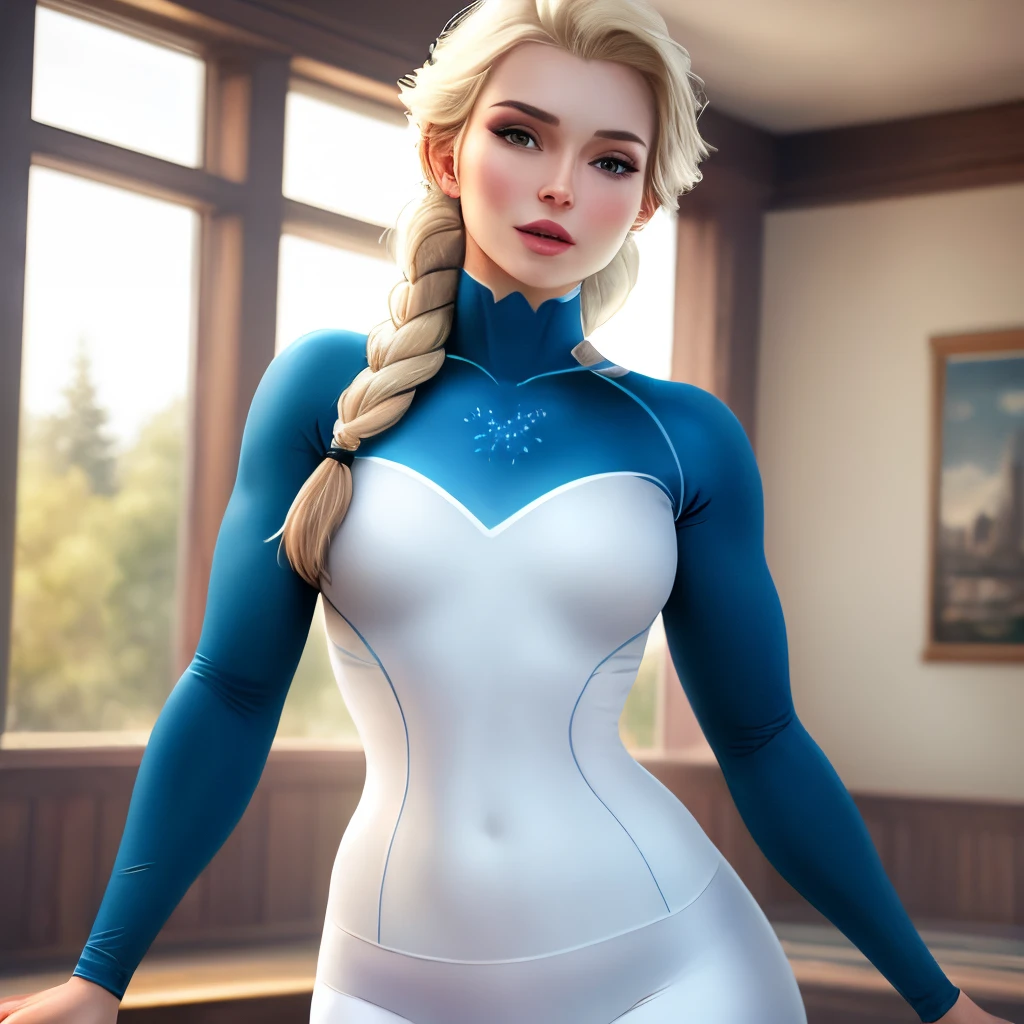 (((The character Elza from the frozen movie))) with a sculpted and sculpted body in a weight training gym, frozen-themed gym clothes, incredibly detailed and ultra-realistic. Octane is the perfect tool to capture the smoothest details in this masterpiece of 16k photography. Real life. ((The realistic setting is of a bodybuilding gym)), ((Professional bodybuilder pose))