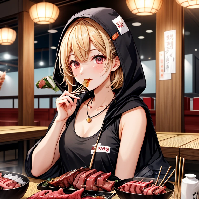 //Character 1girl, Gourmet girl, chest up shot, perfect body, slim curve, ultra detailed face, super beautiful, innocent, cute girl, thin eyeblow, round face, smiling full of compassion, full opened mouth, glossy lips, beautiful blonde hair, twisted bang, BREAK //Fashion usual attire, hooded parka, tank top, tiny shiny necklace, adult bib made of paper, BREAK at a YAKINIKU restaurant , night time, BREAK (eating YAKINIKU dinner with a pair of chopsticks:1.6), licking her long tongue very deliciously