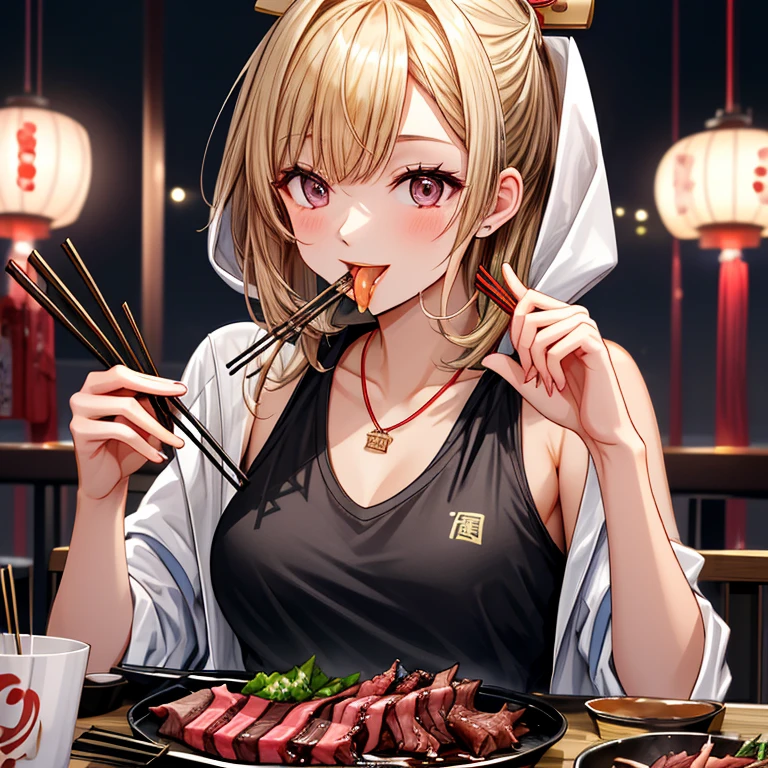//Character 1girl, Gourmet girl, chest up shot, perfect body, slim curve, ultra detailed face, super beautiful, innocent, cute girl, thin eyeblow, round face, smiling full of compassion, full opened mouth, glossy lips, beautiful blonde hair, twisted bang, BREAK //Fashion usual attire, hooded parka, tank top, tiny shiny necklace, adult bib made of paper, BREAK at a YAKINIKU restaurant , night time, BREAK (eating YAKINIKU dinner with a pair of chopsticks:1.6), licking her long tongue very deliciously