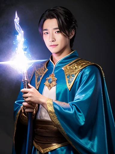 RPG,a handsome man、Fantasy costumes、glowing wand