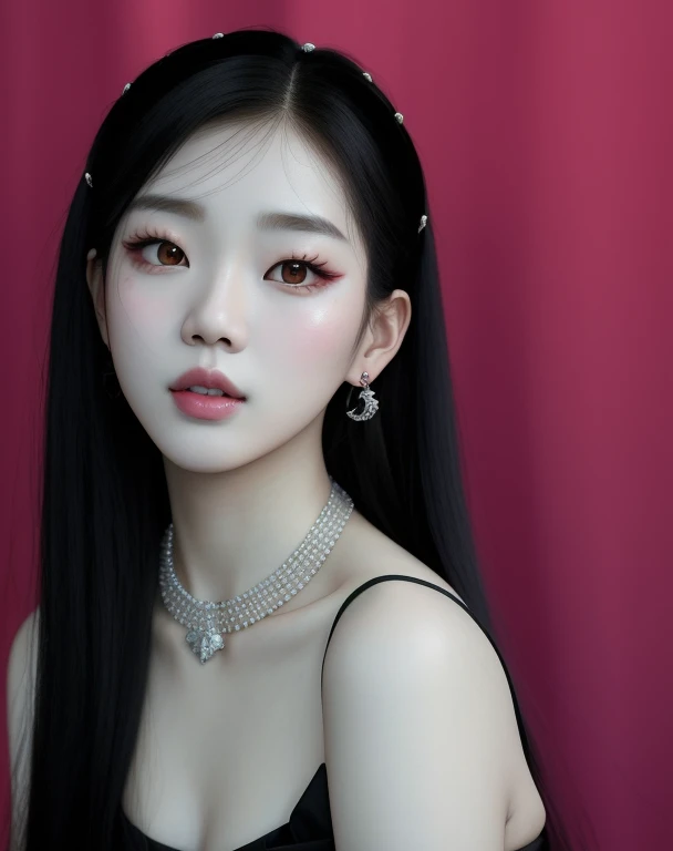 Araffe Asian woman with long red hair wearing a necklace and earrings, ulzzang, maquillaje popular de Corea del Sur, Wan adorable cara coreana, pale porcelain white skin, pale milky white porcelain skin, Retrato Jisoo Blackpink, Retrato de Jossi de Blackpink, Jinyoung Shin, maquillaje coreano popular, Kim Doyoung, Joven y adorable rostro coreano, Jisoo de Blackpink