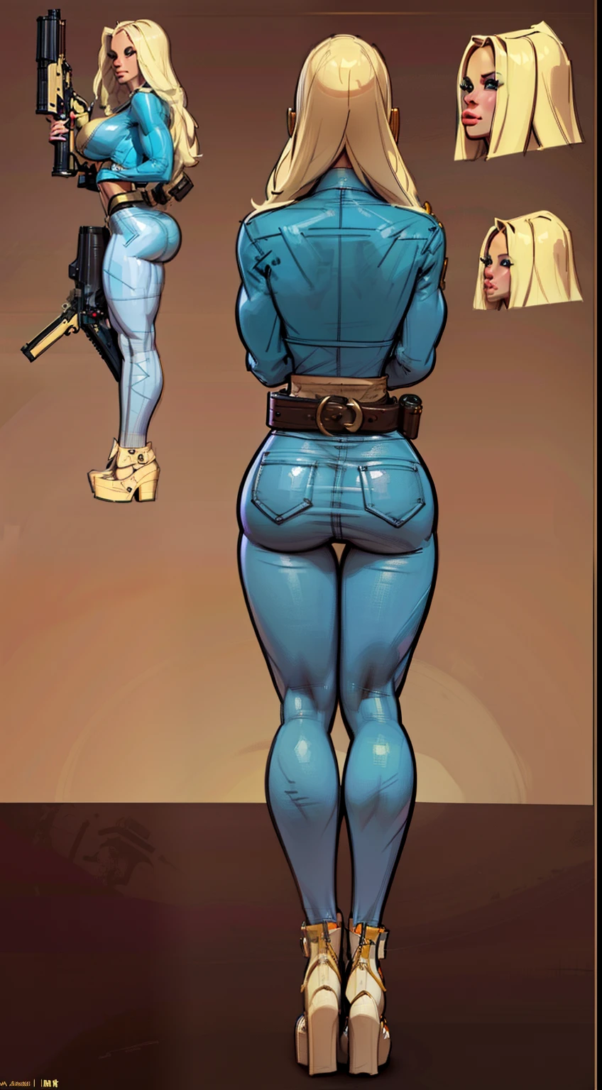 woman in a gun costume, ((character concept art)), tall figure, ((character design sheet, same character, front, side, back)), maple story character art, puffy lips, perfect eyes, defined cheekbones, video game character design, video game character design, gigantic breasts, (large ass:1.2), slim waist, slendered abs, maple story gun girl, decoration on girl's clothes, expert high detail concept art, metal bullet concept art, funny character design, belts, housewife, warrior housewife, determined, multiple face angles, gravity rush inspiration, Viscous tar. Concept art, belt buckle at waist, steampunk weapon,