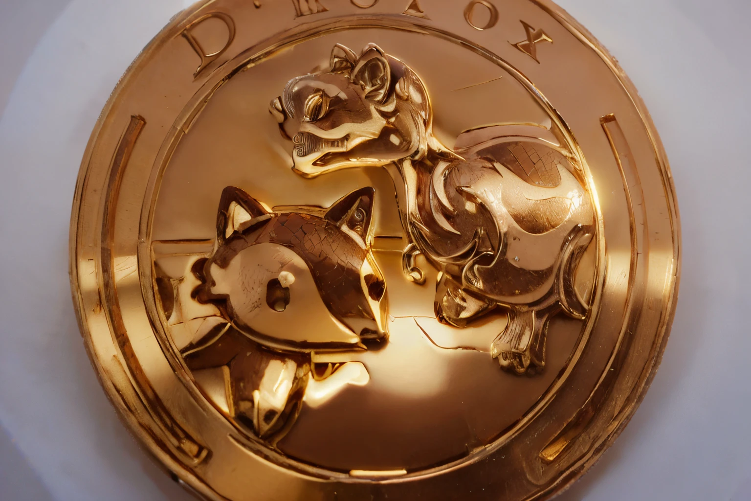 detailed coin,description: "Dnofox",highres,ultra-detailed,[coin],[shiny metal],[engraved details],[precise edges],[raised patterns],[detailed texture],[accurate color],[realistic lighting]