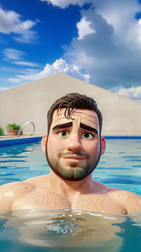(best quality,4k,8k,highres,masterpiece:1.2),ultra-detailed,(realistic,photorealistic,photo-realistic:1.37),portrait,swimming pool,overweight young man,clean-shaven beard,intense dark green eyes,round face,sharp nose,reflective water,bright sunlight,relaxed expression,vivid colors,summer attire,short hair,slightly tanned skin,water droplets on the face,ripples in the pool,detailed texture on the pool tiles,shadows and highlights,refreshing atmosphere,splashing water,subtle reflections,peaceful ambience.