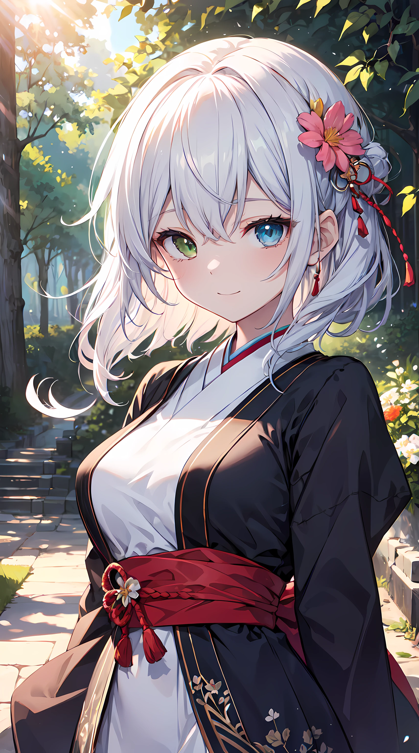 (flowers blooming,early summer),Green meadow, bright sun light, the sunset, Forest path, Delicate petal texture, Gorgeous dress, Natural wind, light wind, Happy smile, Homely atmosphere, Highly saturated colors, The hue of the gradient, Harmony of light and shadow, Natural soft light, Brilliant rainbow, Detailed depiction of the, Vivid painting effect,(ultra - detailed, actual), Vibrant colored hair, shinny hair, hair parted back, hair pin, Colored eyes, glowing light eyes, Heterochromia, shyexpression, face flushed, Enchanted smile, Japanese anime, ray traycing, hyper HD, tmasterpiece:1.2, Anatomically correct, ctextured skin, ultra - detailed, high high quality, high detal, Best quality, A high resolution, 16k,Bigchest,Side breasts,Hazen,Sexy and deep