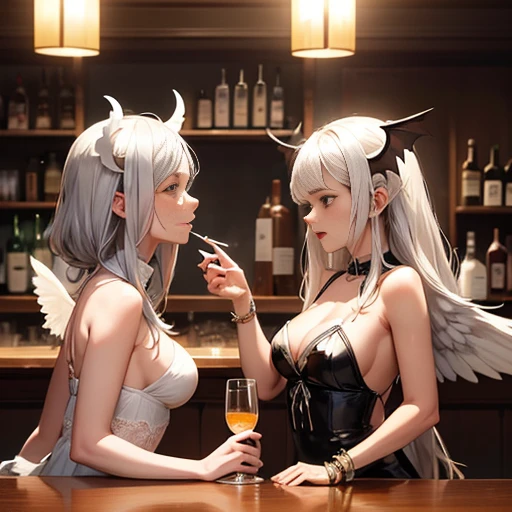 ((two women)), friends at a party, a woman with feather wings, white wings, white and silver feathers, female representation of an angel, smoking a cigarette, expression of boredom. A woman with fur wings, bat wings, female representation of a demon, happy expression. The two talk in a bar, Wide scene, indoor scene, large environment, dancing bar, classic bar, end of the night. There are bottles scattered on the tables, few people in the room. Behind the bar, the presence of a demon - bartender, demon wearing barman's attire, serving drinks