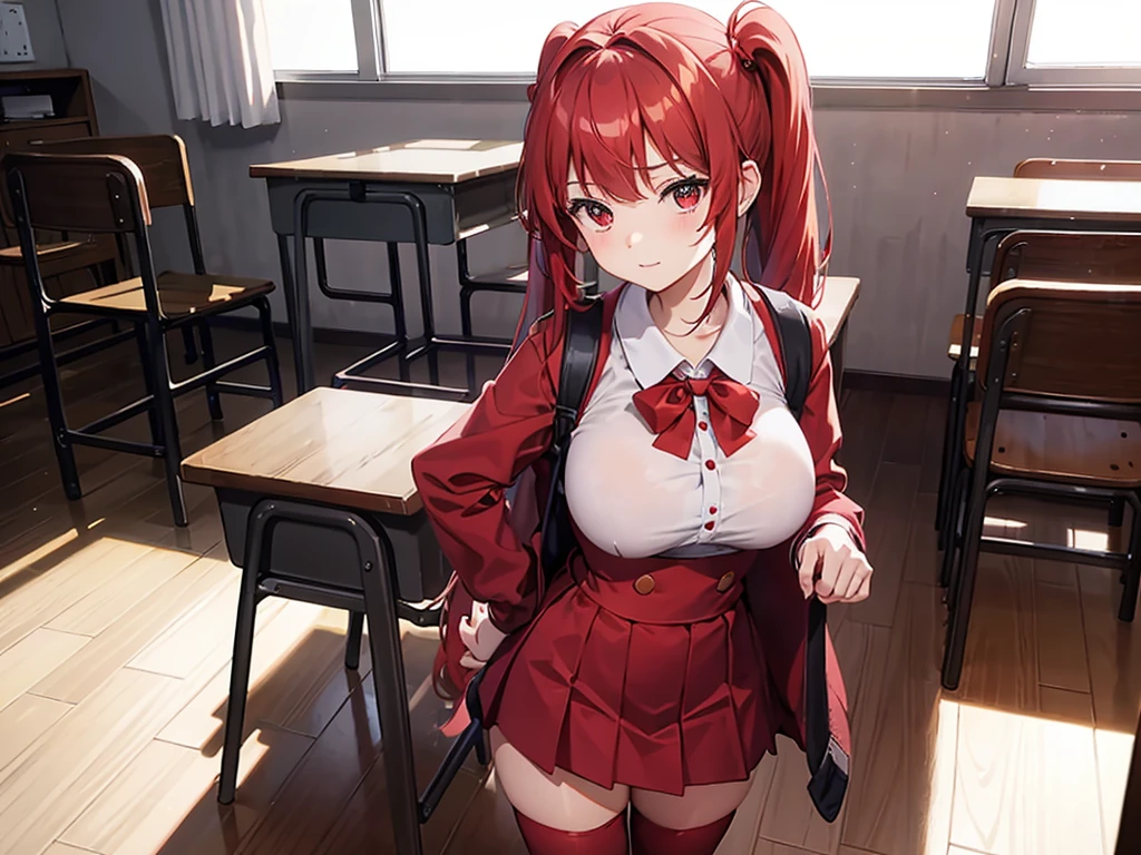 hi-school girl、(Full Red Uniform)、fullllbody、In the classroom of the school、((Colossal tits))、Red hair、Longhaire、poneyTail、Standing facing the front、-ish