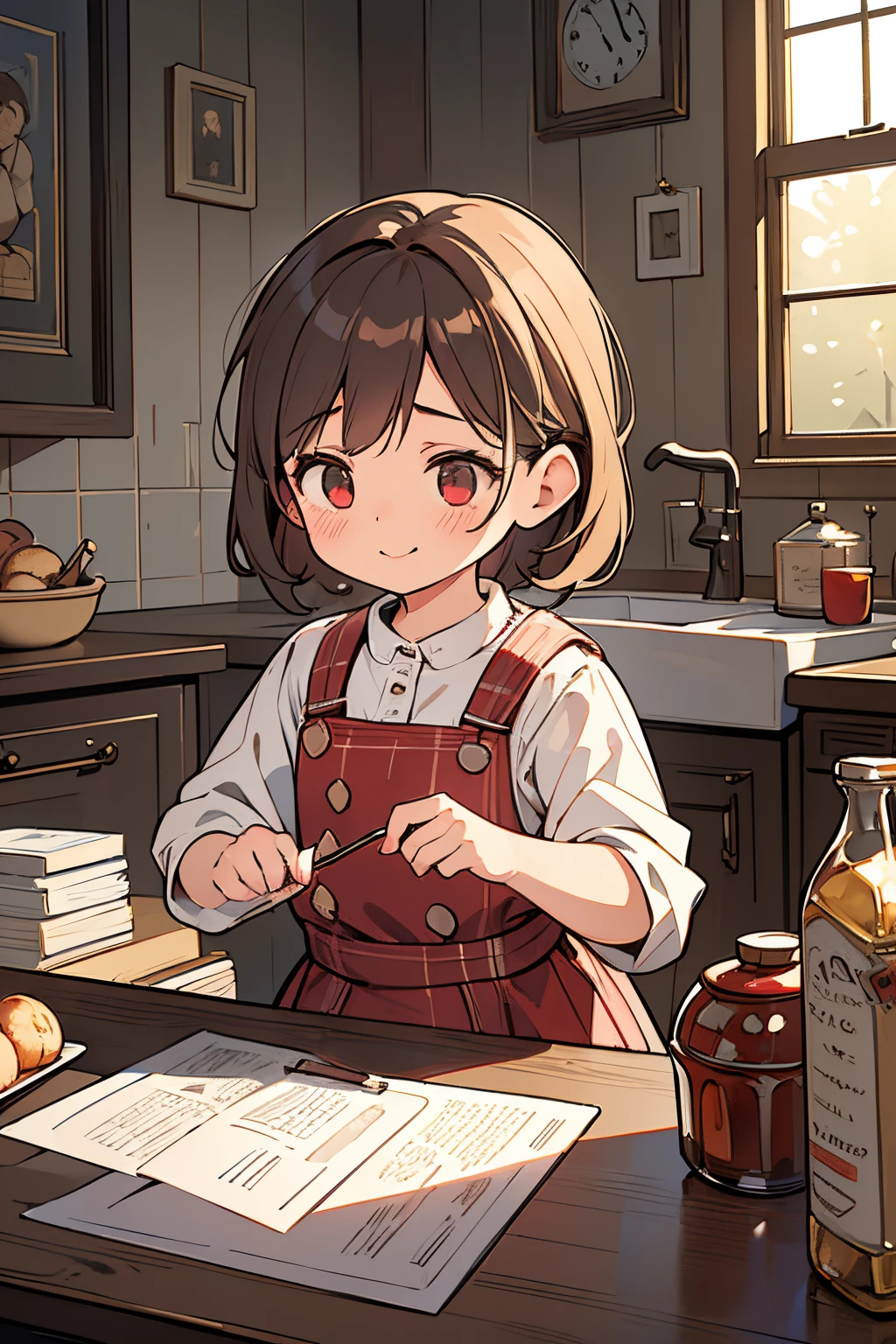 (best quality,4k,8k,highres,masterpiece:1.2),ultra-detailed,(realistic,photorealistic,photo-realistic:1.37),A little girl getting a spanking for stealing some cookies,illustration,oil painting,textured brushwork,stern older woman,scolding little girl,naughty smile,teardrops on girl's face,brightly lit room,vintage wooden furniture,red and white checkered kitchen,artistic interpretation,expressive brushstrokes,emotional storytelling,muted color palette,lack of saturation,sad atmosphere,strong chiaroscuro lighting,dramatic shadows