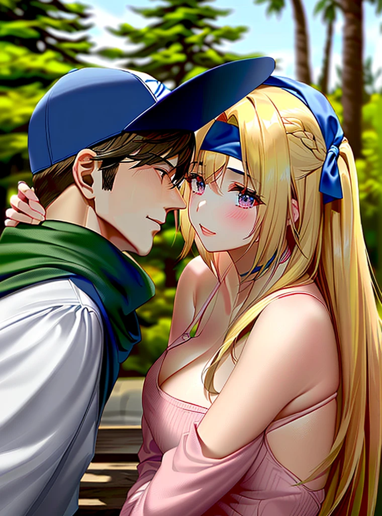 A straight-haired woman with a pink headband in her hair having sex with a guy in a blue cap with a white part and pine tree detail