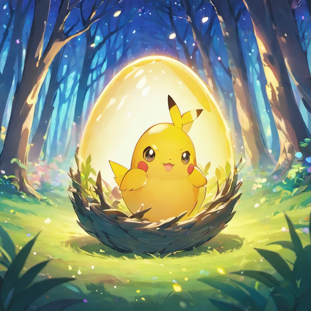 Broken colorful pet egg,There are colorful lights all around,In the background is an egg nest built in a forest meadow.