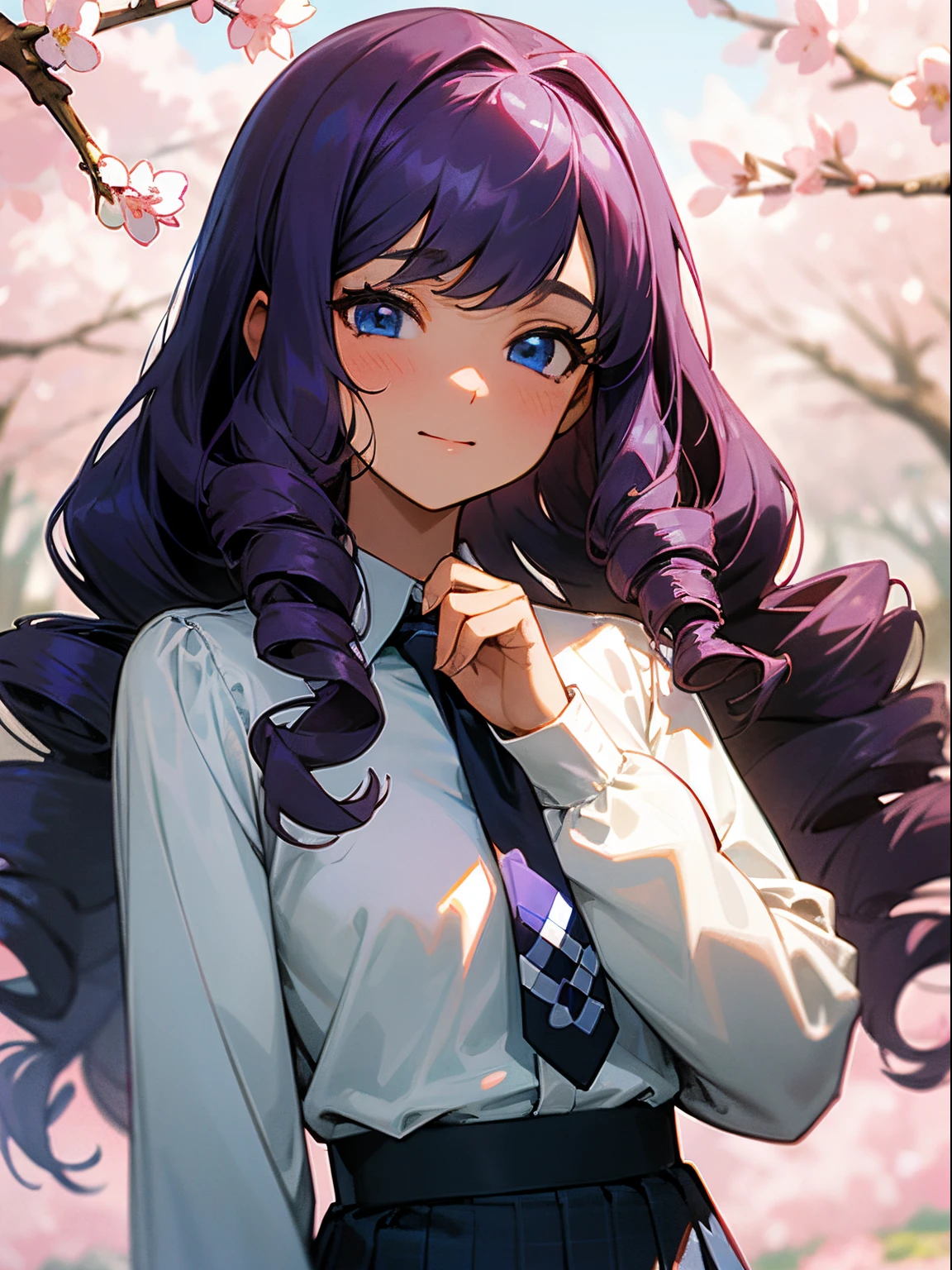 A portrait of a girl with long dark purple wavy hair and drill curls, side-swept bangs, blue eyes, ligh tanned skin, soft smile, wearing white long sleeved blouse with black necktie, blue checkered skirt, at a cherry blossom park