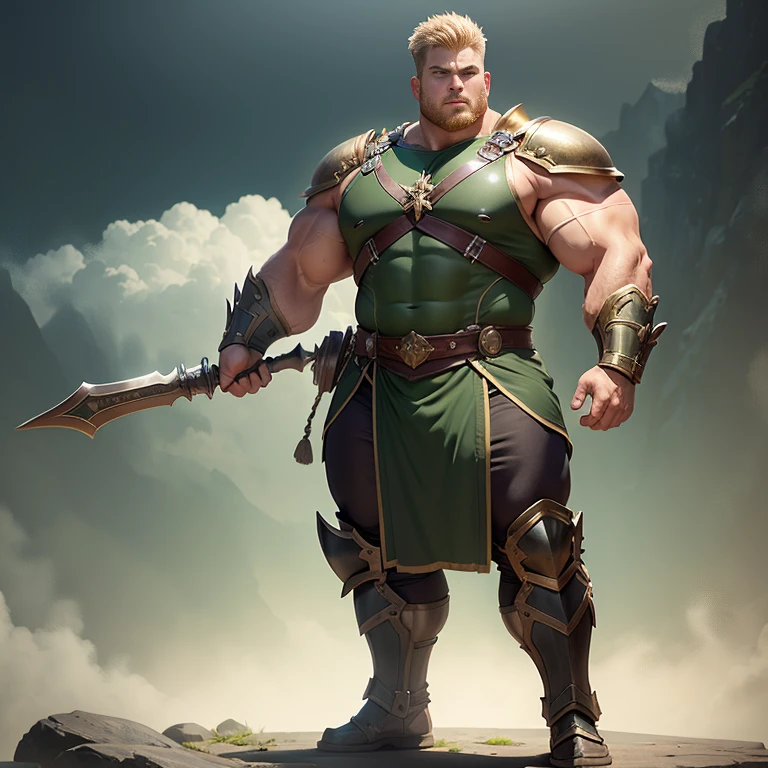 Full body picture, very strong bulky attractive beefy warrior, wearing a small dark green tunic, with some armor plates, blond hair with short taper haircut, gentle eyes, very big strong beefy legs, dick pocking under the tunic,