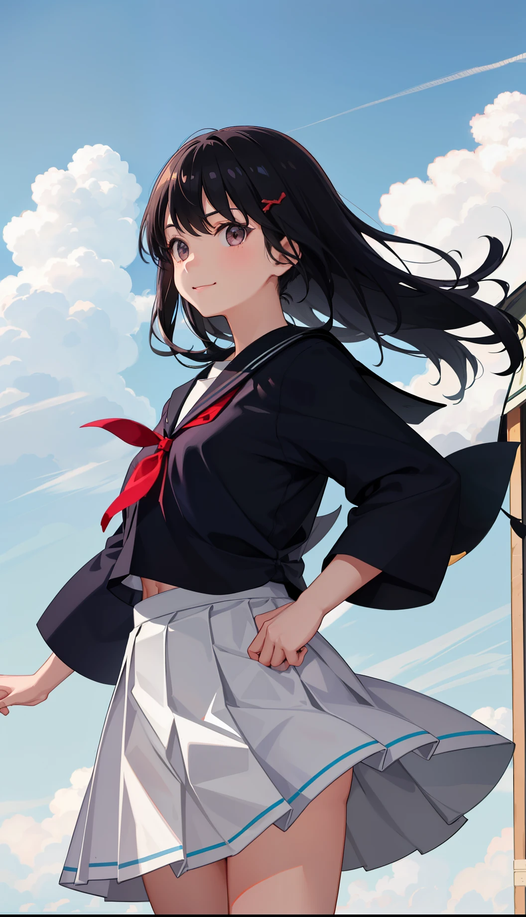 1girl in、AS-Adult、a smile、Light in the eyes、japanese hight school uniform、serafuku、by the wind、skirt by the、gust of wind、(small tits)Chilarism、movement、Upper body portrait、