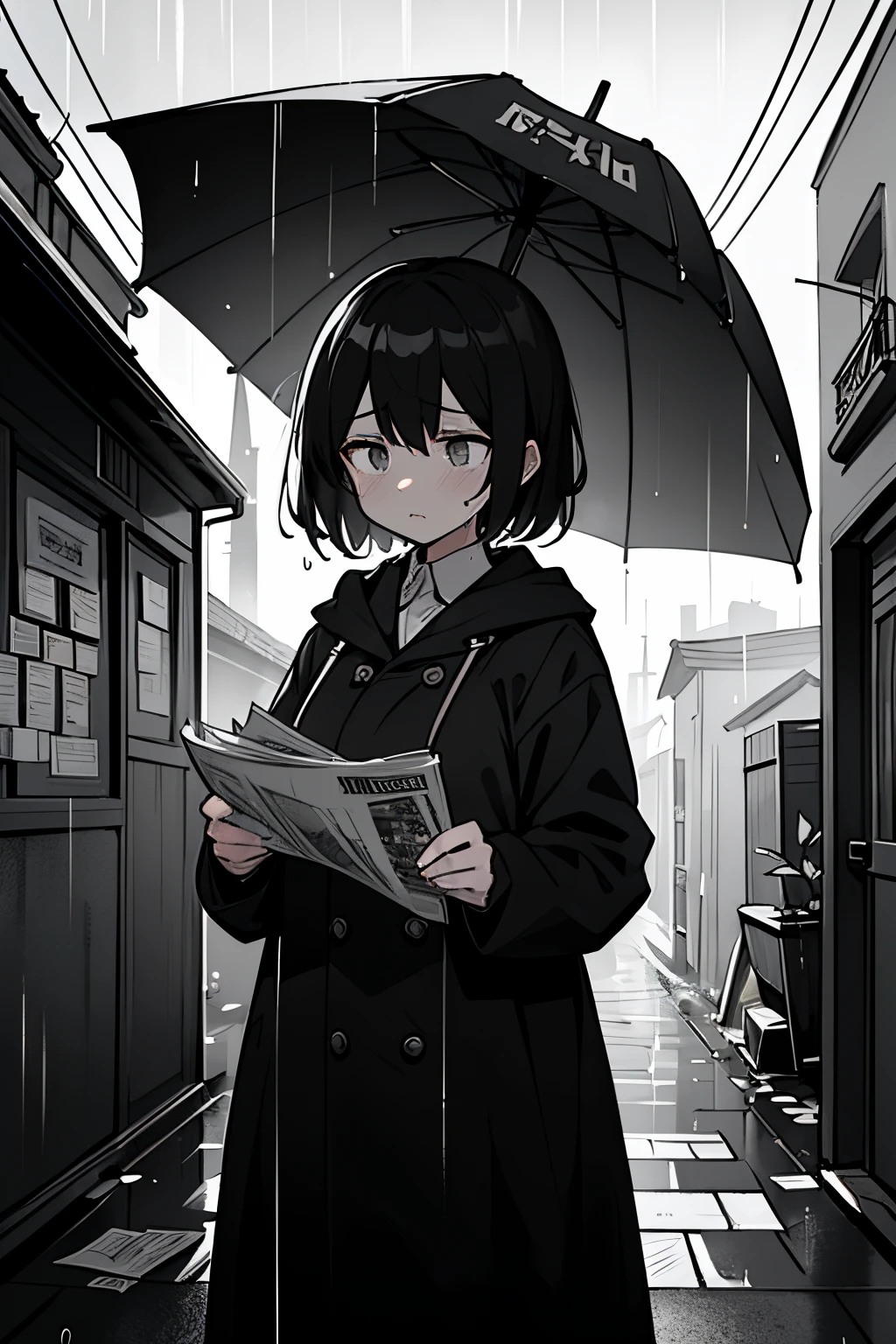 A girl caught stealing a newspaper, dark atmosphere, rain, wet streets, guilty expression, empty alley, dramatic lighting, black and white, film noir style, heavy downpour, cinematic quality, wet pavement, intense emotions, mysterious shadows, foggy atmosphere, obscured face, soaked clothes, umbrella, dramatic scene, dramatic tension