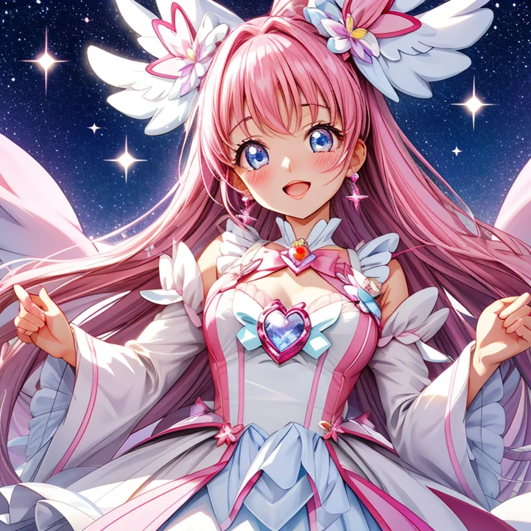 Precure、Awesome cutest、Sparkling eyes、magical little girl、Plump lips、light pink and white costume、I love the viewer、A loving gaze、Upbeat cheeks、half-opened mouth