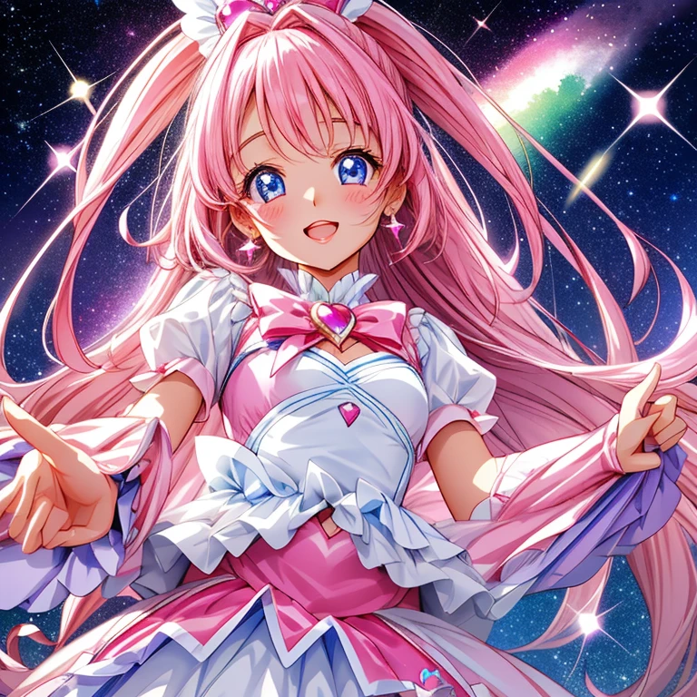Precure、Awesome cutest、Sparkling eyes、magical little girl、Plump lips、light pink and white costume、I love the viewer、A loving gaze、Upbeat cheeks、half-opened mouth