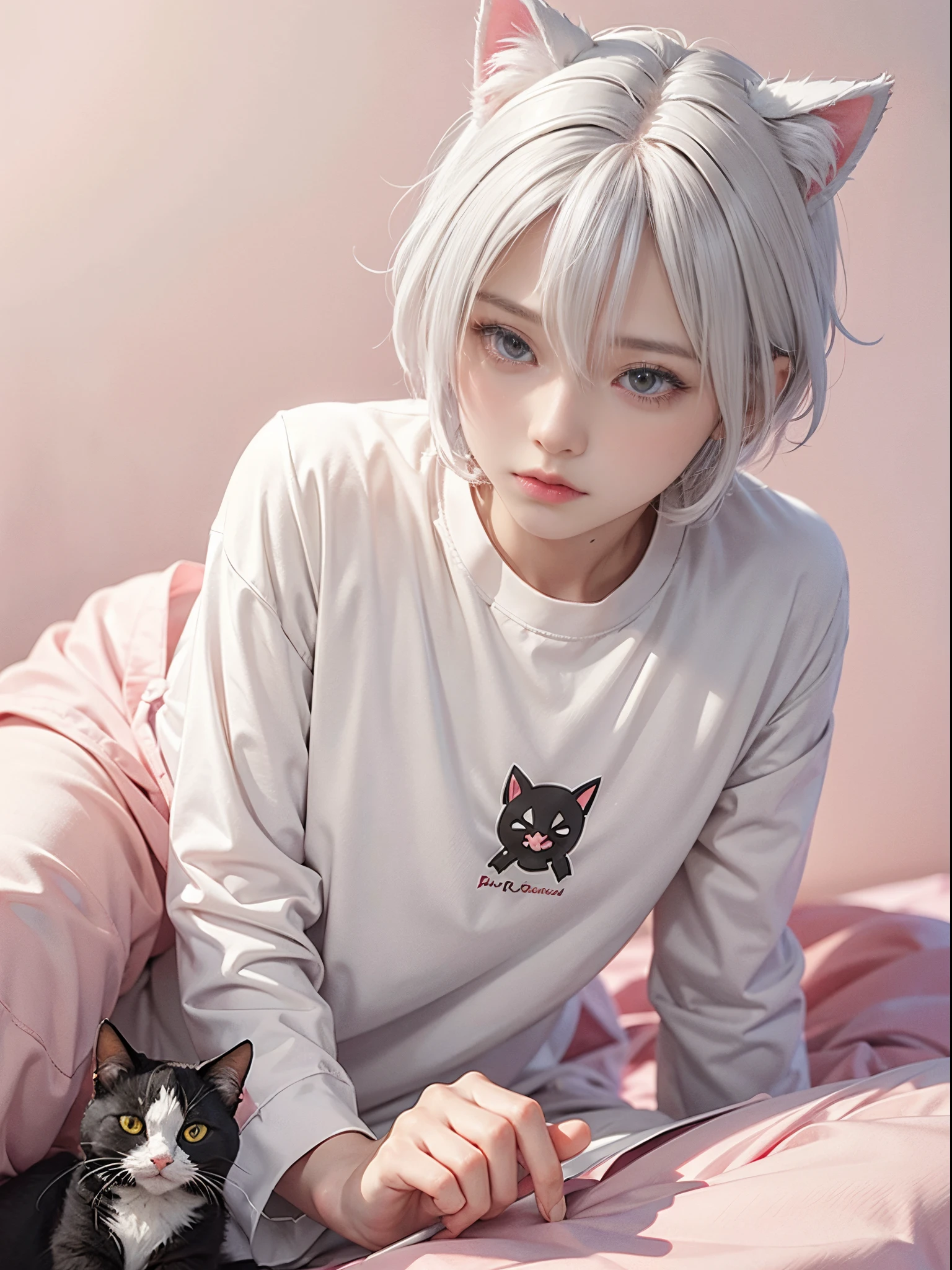 Male 1, White Hair, Red Eyes, cat ear, ((Anime style)), pajama shirt, soft colors, Pink background, Soft stroke