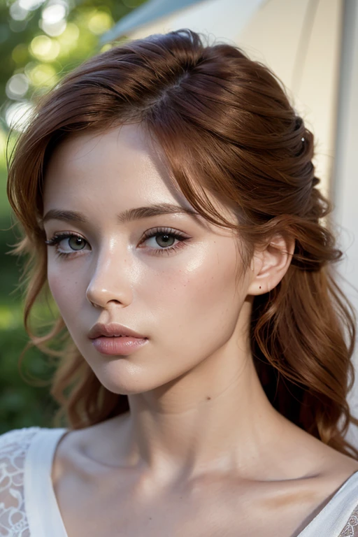 belle femme rousse en été, taches de rousseur, maquillage sombre, Hyper detailed photography, Soft Light