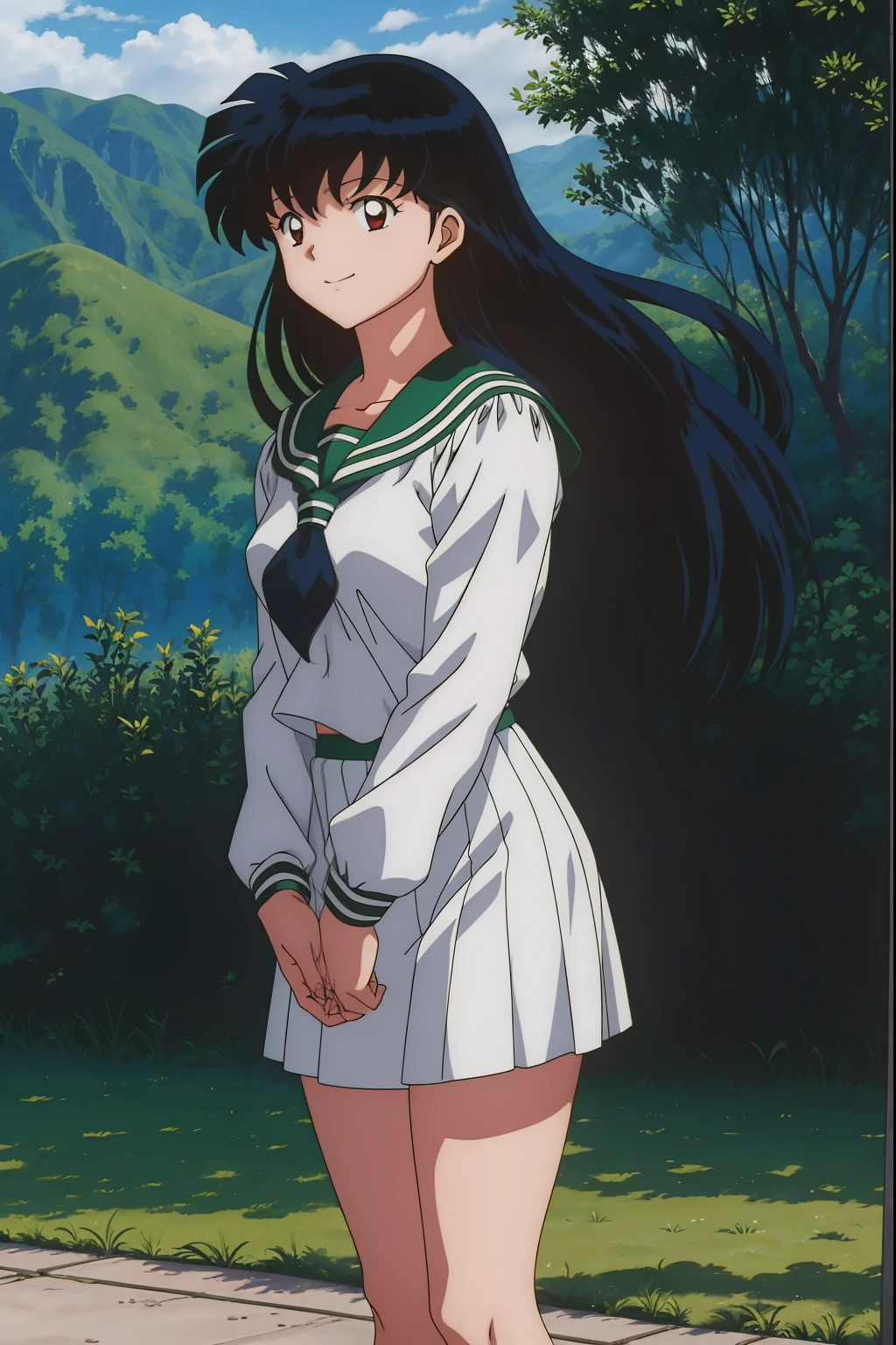 1girl, Best Quality, 巨作, HD, Kagome Higurashi, 1girl, school uniforms, Black hair between the eyes, long  hair, Standing, Full body, young girl, Full body , ((anime)), ((Colored)), chest, smile, thighs