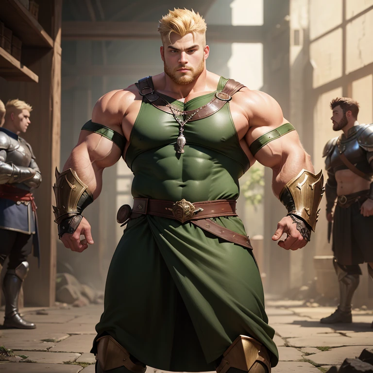 Full body picture, very strong bulky attractive beefy warrior, wearing a small dark green tunic, with some armor plates, blond hair with short taper haircut, gentle eyes, very big strong beefy legs, large dick pocking from under the tunic,