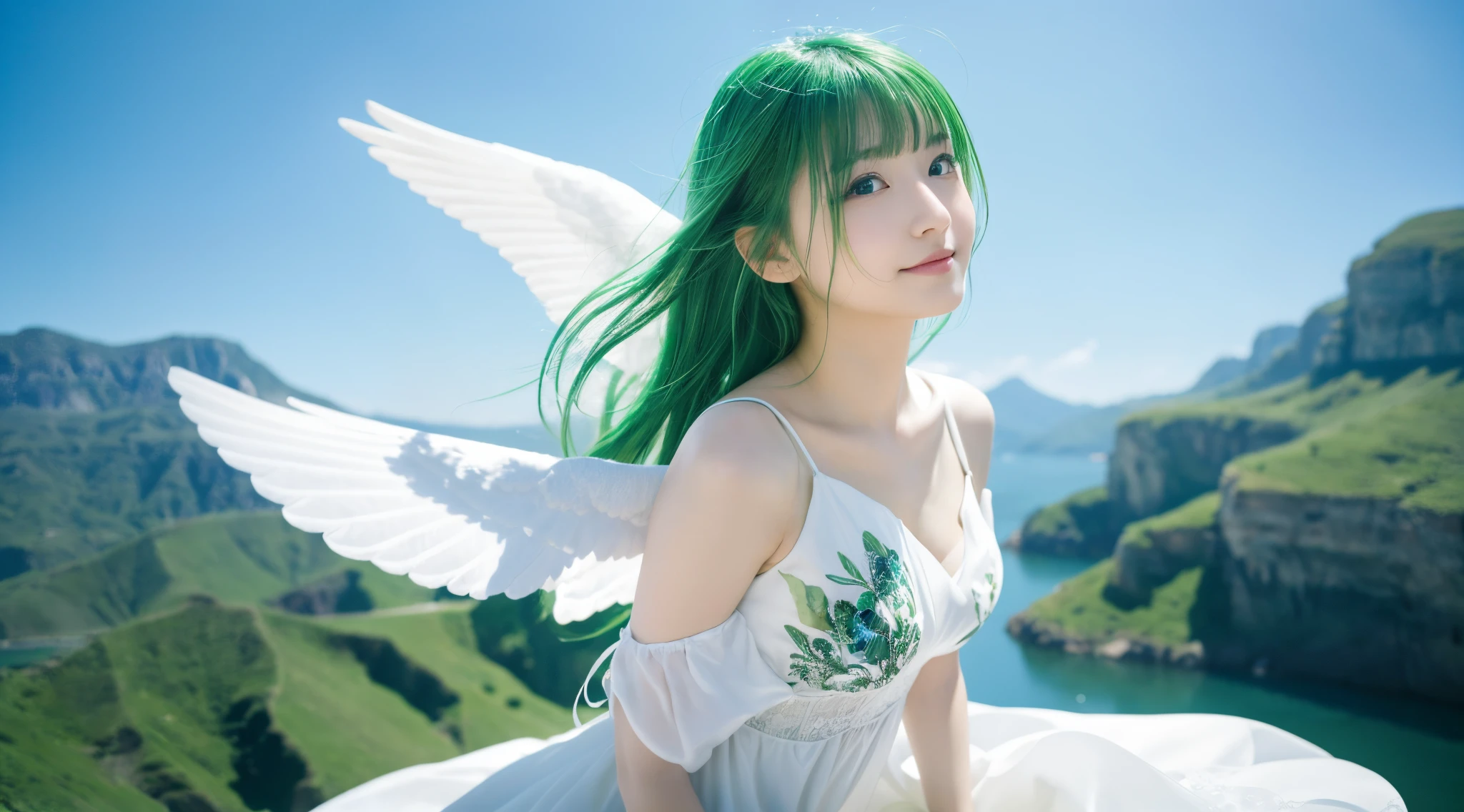 (top-quality,8K picture quality,​masterpiece:1.3,),(超A high resolution,Photorealsitic:1.4,Raw photography),(ultra-detailliert,Caustics,perfect anatomia),(Ultra-realistic capture,Beautifully detailed skin),A girl who flies in the sky with angel wings on her back,Floating in the air,green colored hair,smil,stares at the camera,Simple white dress,Low position,low angles,Skysky,​​clouds,natural soft light