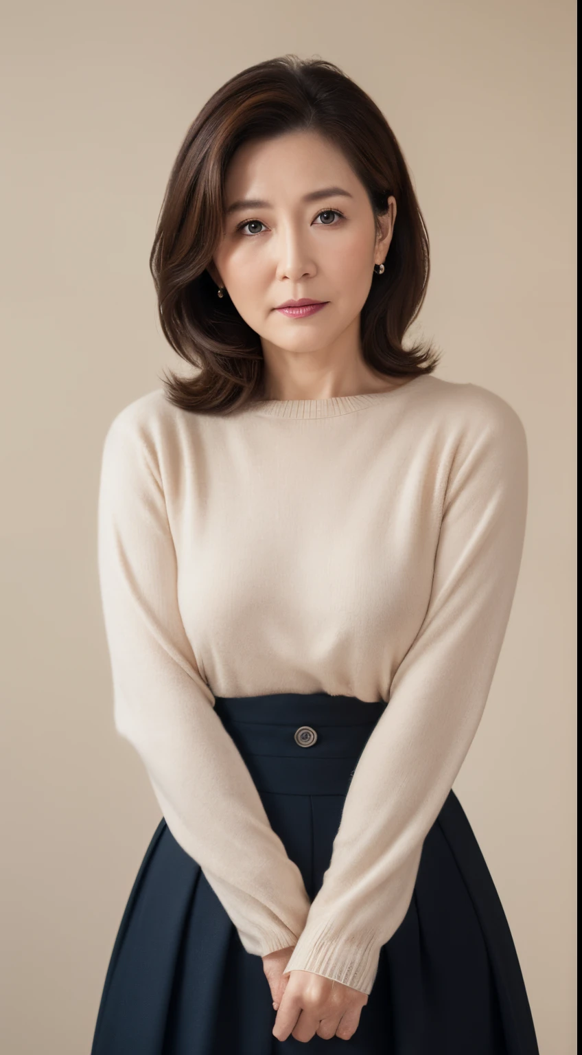 masuter piece, top-quality, ​masterpiece, hight resolution, Photorealsitic, Raw photography, 8k wallpaper, flawless, profetional lighting, ighly detailed, depth of fields,Pale solid color background, ((Japanese mature woman in her 40s)), chubby figure, Female sexy, Detailed face, beautidful eyes, bangss, large full breasts, Light brown straight hair that reaches to the shoulders, Faint lips, ((Stand facing forward in the center of the screen and look into the viewer&#39;s eyes with a serious face.)),Sweaters, skirt by the, Feet out of frame, Looking at Viewer,