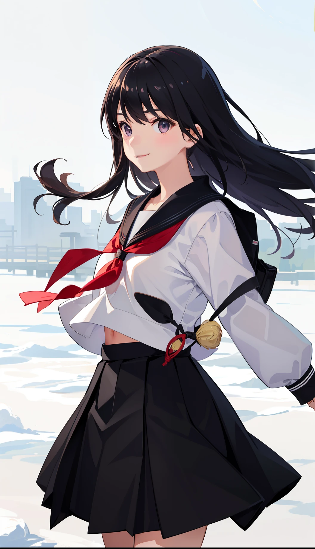 1girl in、AS-Adult、A smile、Light in the eyes、japanese hight school uniform、serafuku、by the wind、skirt by the、gust of wind、（small tits）Chilarism、movement、Upper body portrait、