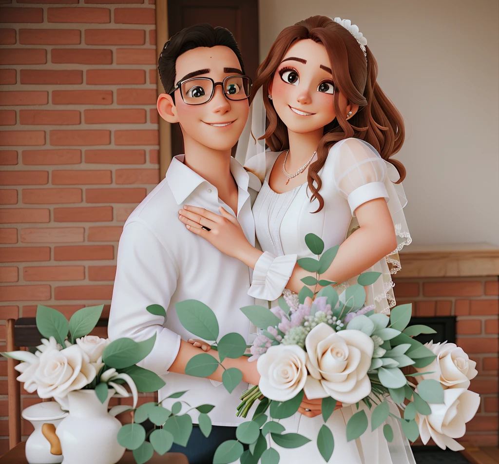 A wedding couple embracing next to a bouqueof flowers