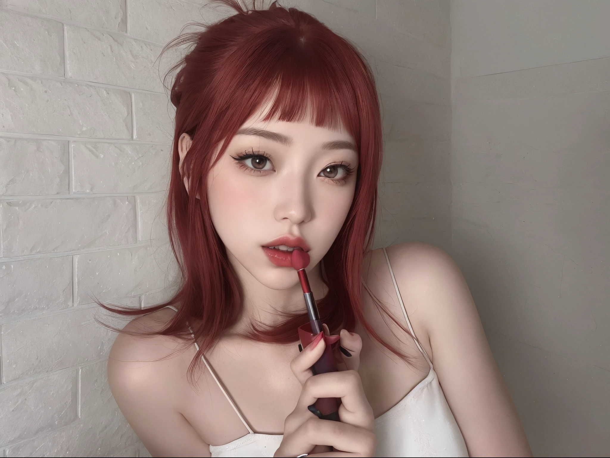 There's a woman with red hair holding a lipstick in her hand, pale red, O corte Hime, Menina anime na vida real, Ulzzang, cabelo castanho coral, kawaii retrato realista, anime semi realista, Bochechas vermelhas, com cabelos curtos, anime hiper realista, linda Delphine, Sakimichan, anime realista, Inspirado em anime, Semi - anime realista