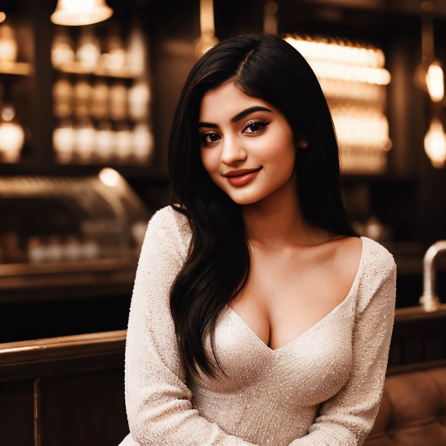 Photo of "Purvadeshmuk Sai Krupa Reddy", 18 year old girl, stunningly beautiful, gorgeous, high detailed skin, high skin pores, highlight hair, long and dark hairs, highly detailed glossy eyes, body of "kylie Jenner", flirty and playful, posing like a professional model, beautiful women dressed in zara clothes, unique happy expressions, having fun, pretty, cute, smile, beautiful girl, real skin texture, collarbone, smile, dynamic pose ,Indian, Full body, instagram, photoshoot ,photorealistic, pubs in london
