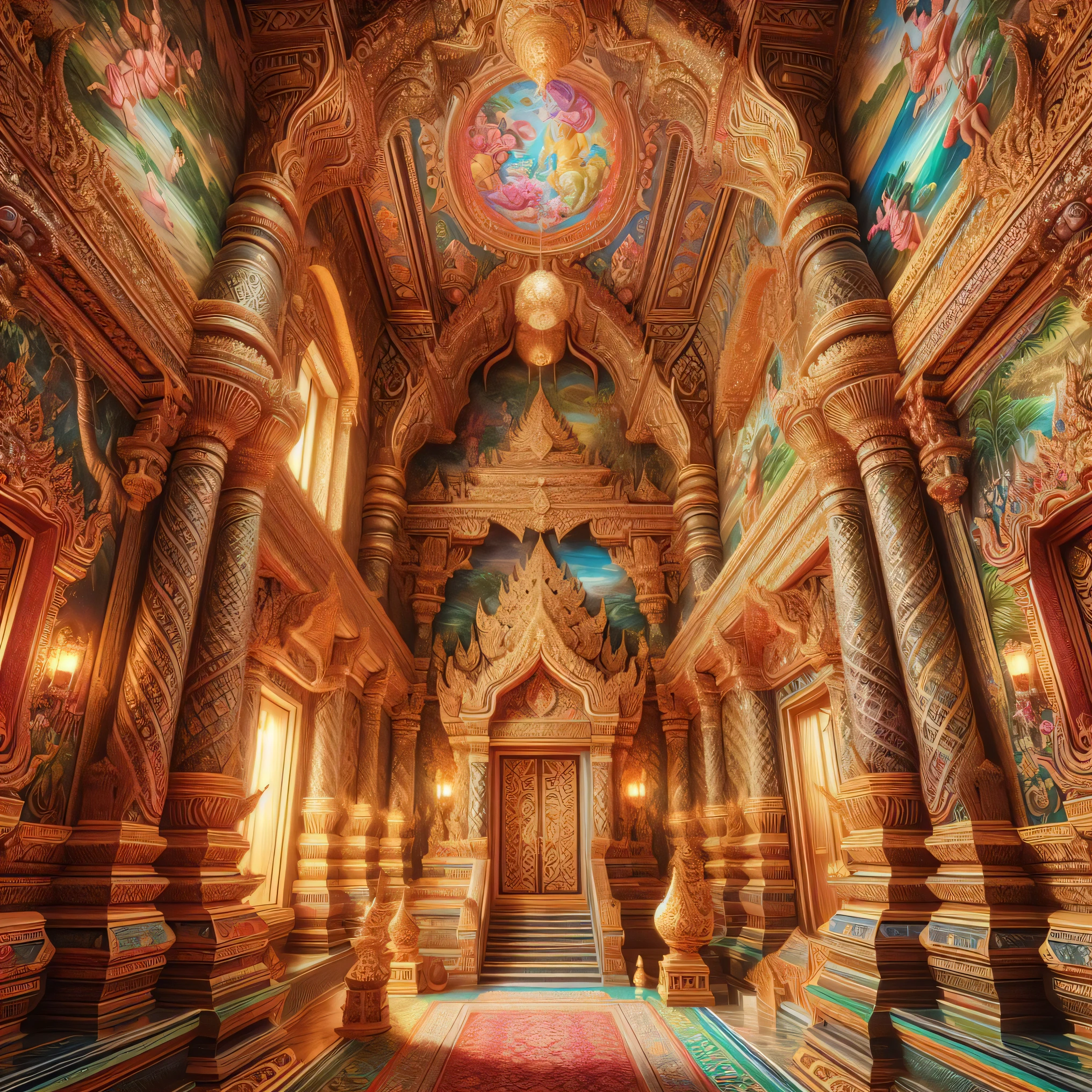 a close up of a very ornate looking room with a big ceiling, thailand art, thai temple, dmt temple, a mystical temple, exquisitely designed throne room, thai architecture, inside a palace, colorful intricate masterpiece, intricate colorful masterpiece, the temple of truth is white, throne room, dreamy and detailed, wide angle fantasy art, decadent throne room, inside her temple