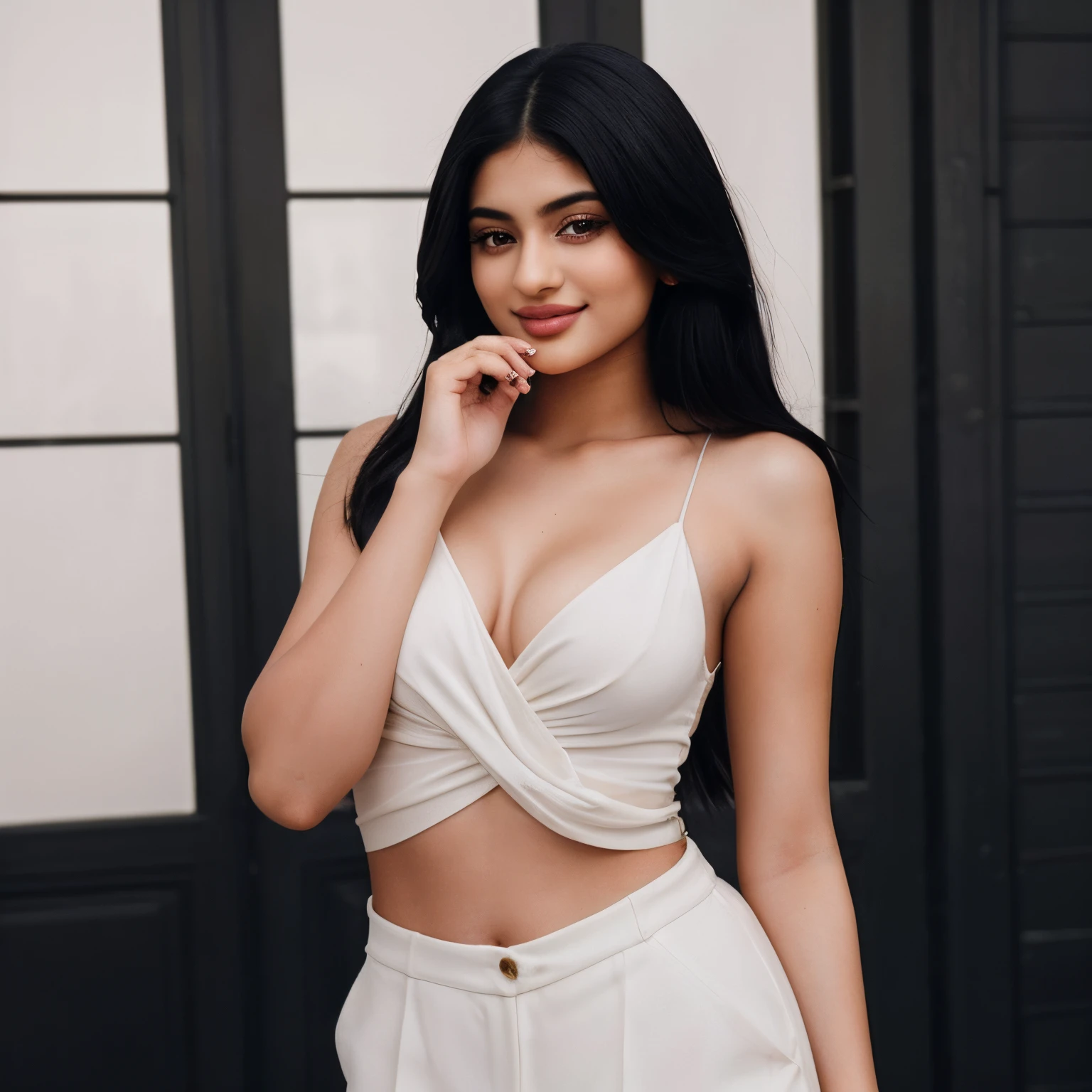 Photo of "Purvadeshmuk Sai Krupa Reddy", 18 year old girl, stunningly beautiful, gorgeous, high detailed skin, high skin pores, highlight hair, long and dark hairs, highly detailed glossy eyes, body of "kylie Jenner", flirty and playful, posing like a professional model, beautiful women dressed in zara clothes, unique happy expressions, having fun, pretty, cute, smile, beautiful girl, real skin texture, collarbone, smile, dynamic pose ,Indian, Full body, instagram, photoshoot ,photorealistic, hot fashion